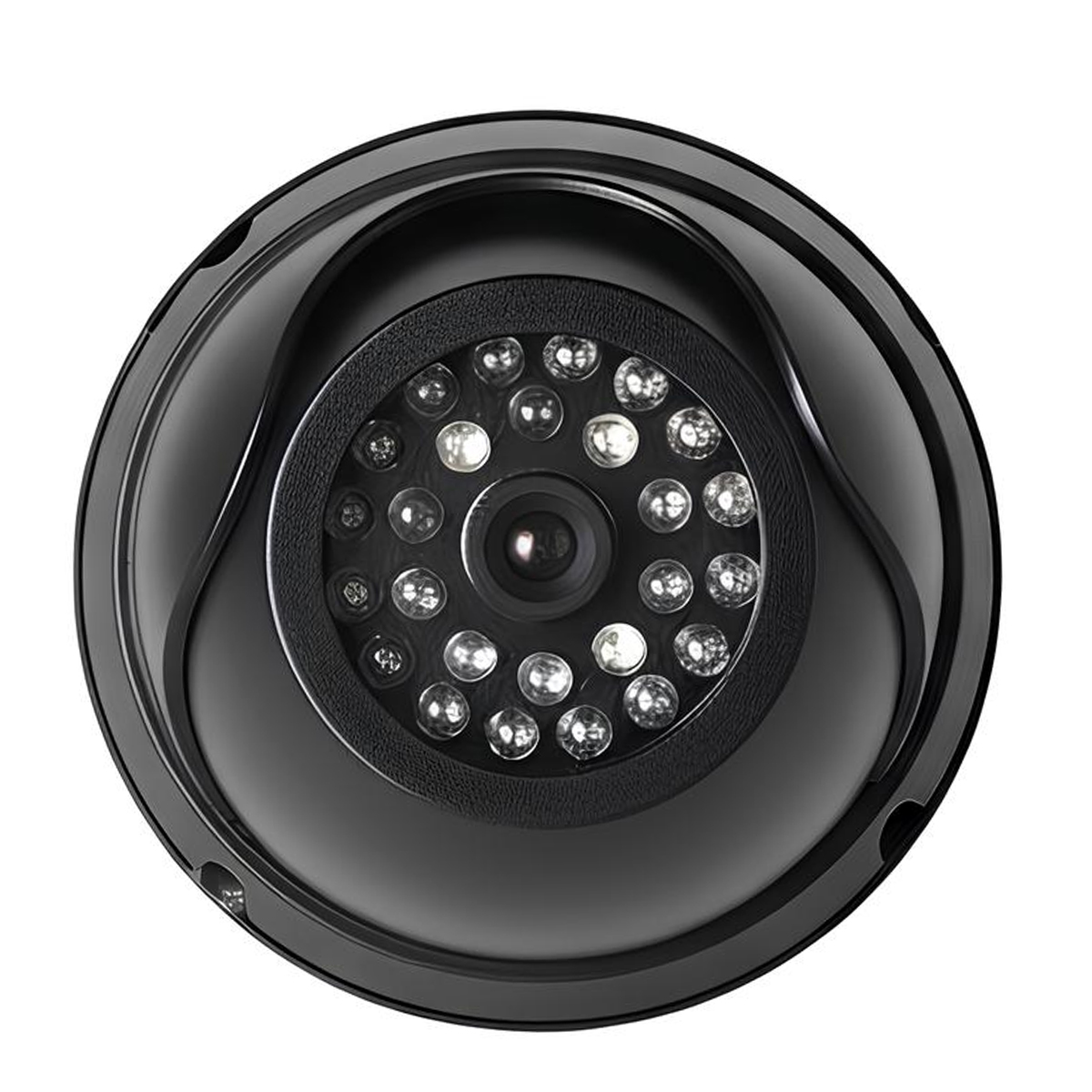 Eine schwarze Überwachungskamera mit Infrarot-LEDs und Objektiv.
