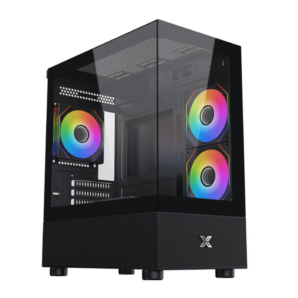 Case per computer nero con pannello laterale in vetro e ventole RGB.