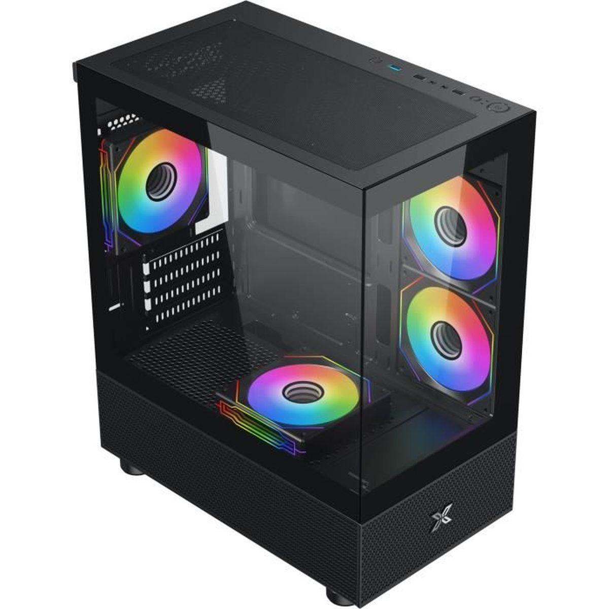 Case PC nero con pannelli in vetro e ventole RGB.