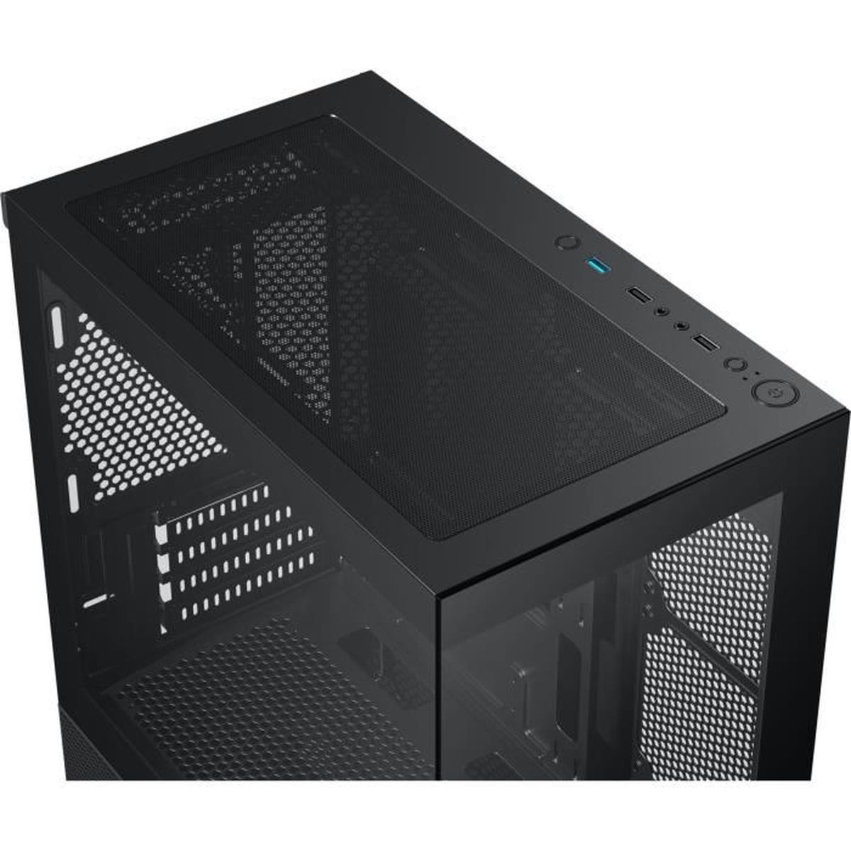 Case del computer nero con fronte e top in vetro, dotato di porte.