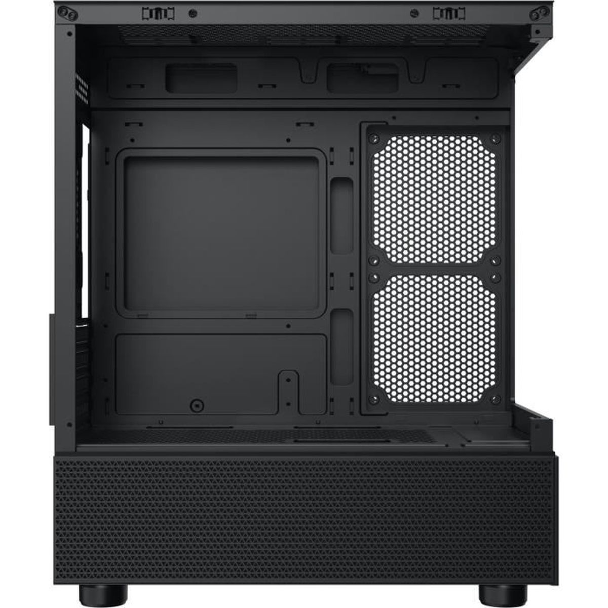 Case per computer nero con pannello laterale aperto e ventilazione a rete.
