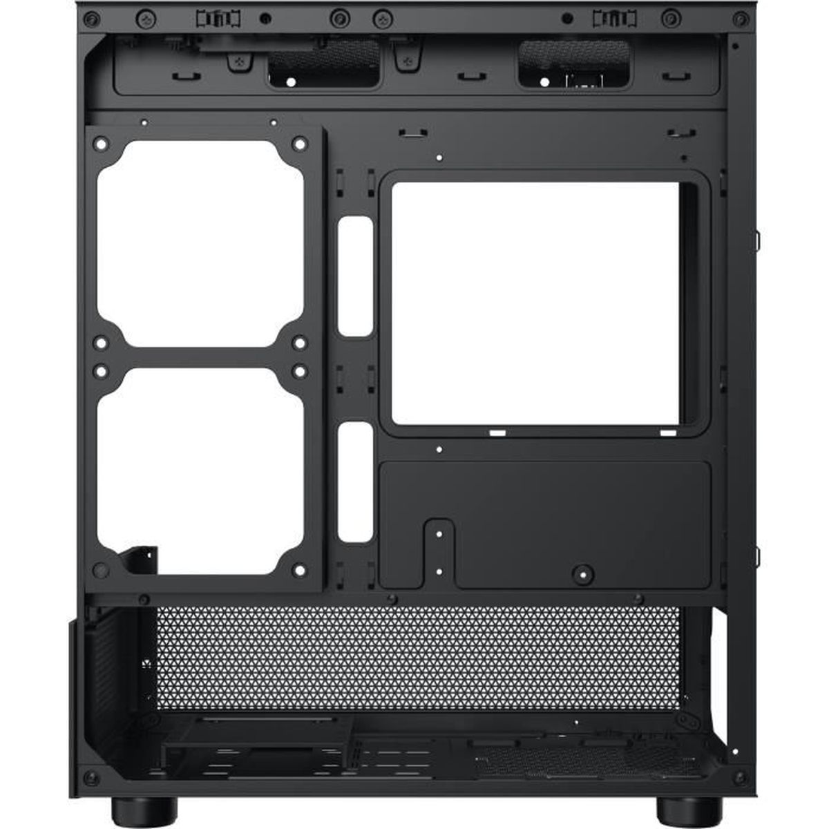 Interno del case PC verniciato nero con punti di montaggio per ventole e unità.