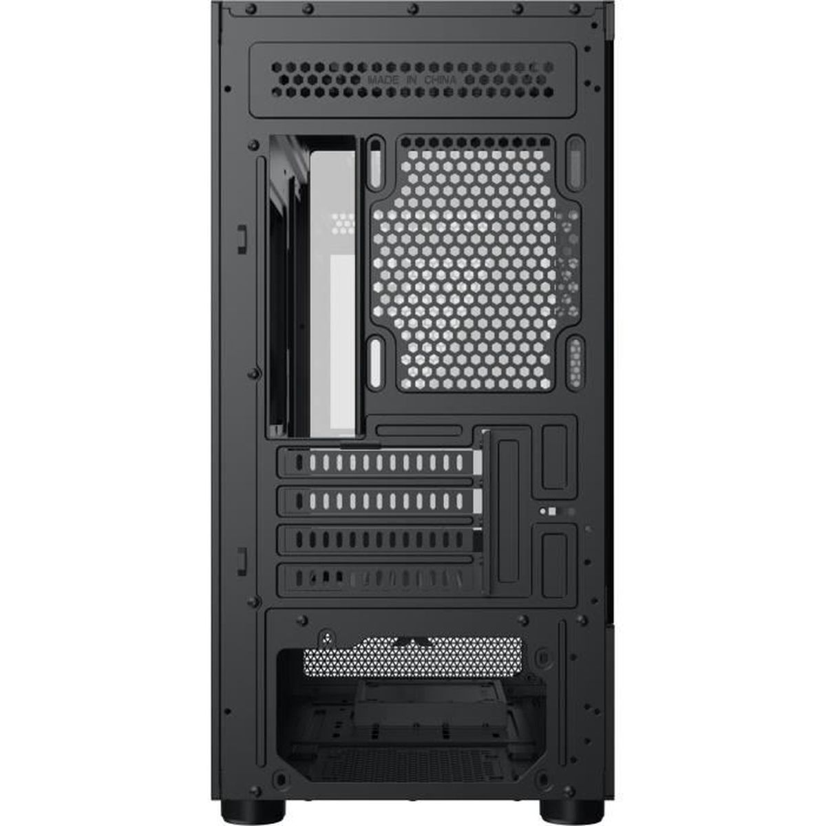 Vista posteriore di un case per PC nero con fessure di ventilazione e porte.
