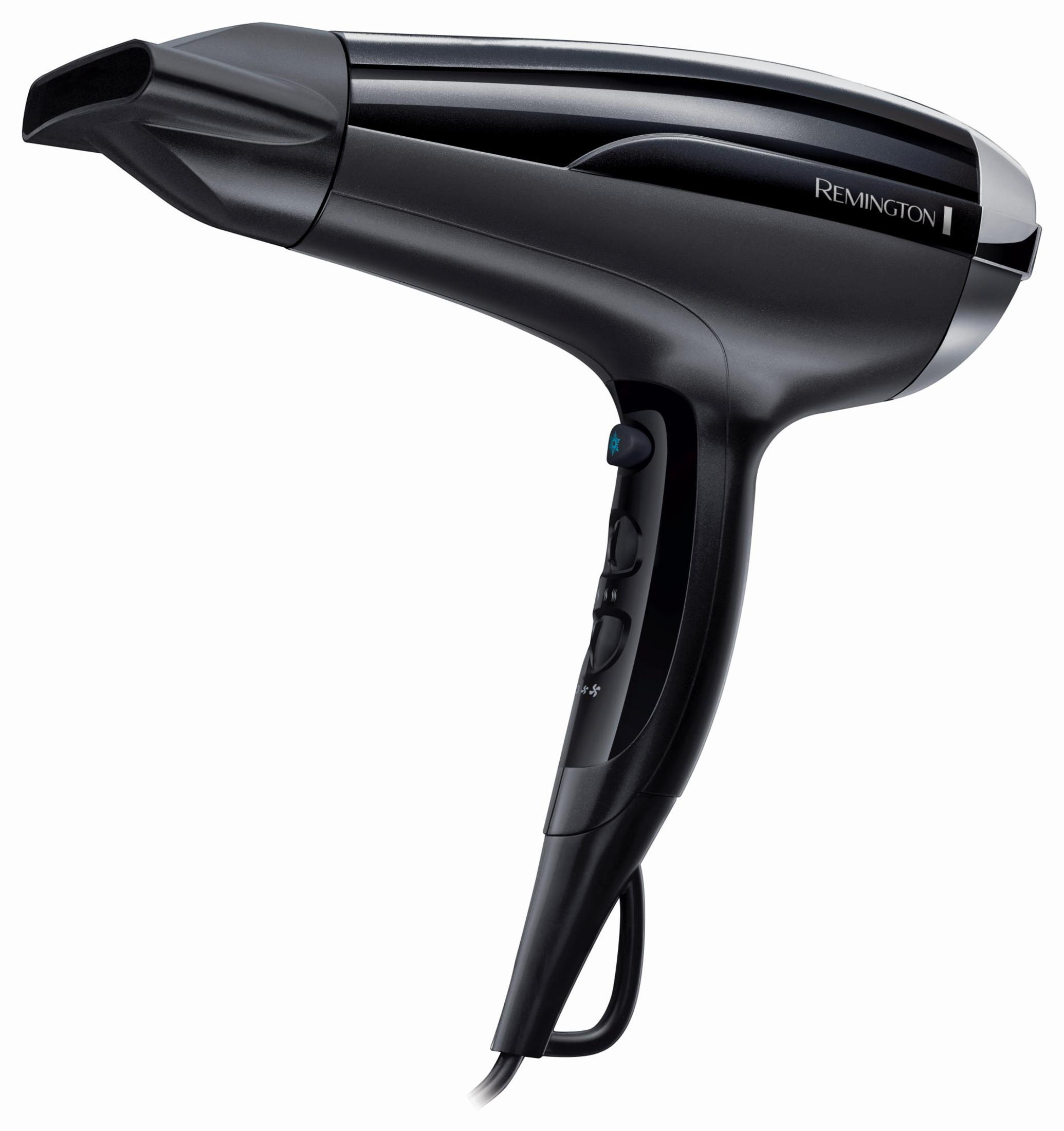 Czarna suszarka do włosów Remington z srebrnymi akcentami na białym tle.
