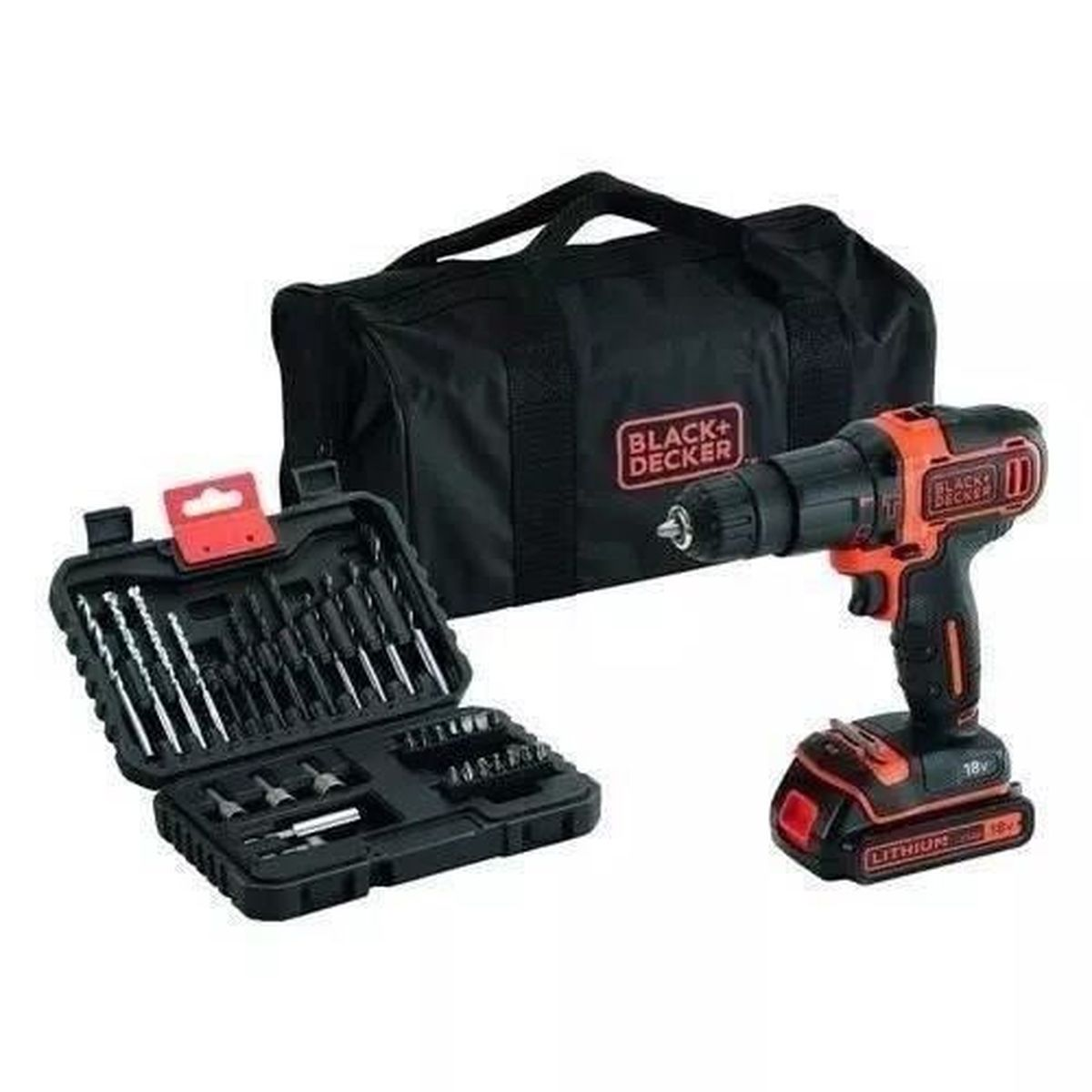 Schwarzer Werkzeugkoffer mit Bohrer und Bits von Black+Decker.