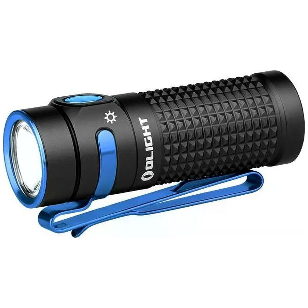 Torcia Olight nera con clip blu e anello blu attorno alla lente.