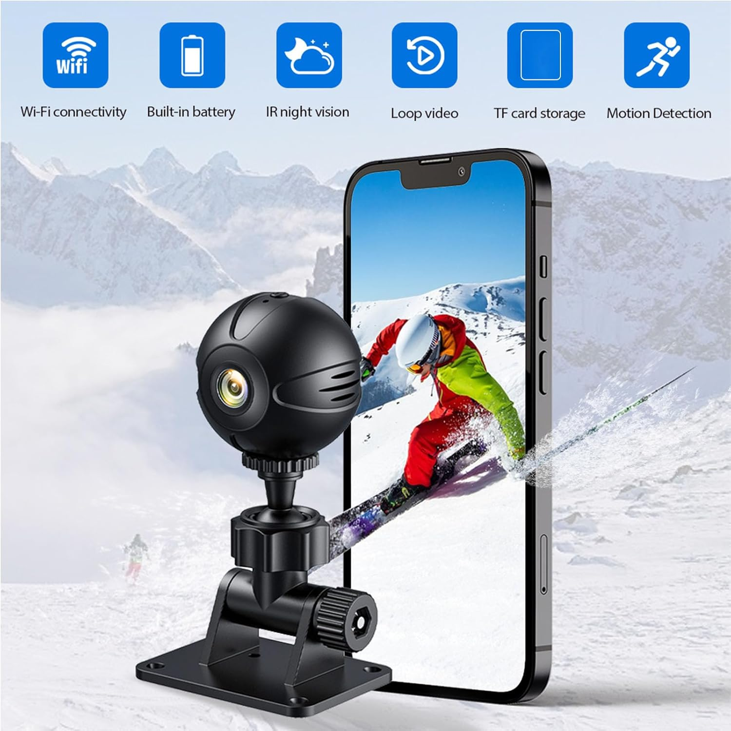 Kamera mit Smartphone-Hintergrund, Skifahrer im Schnee. Funktionen: WLAN, Akku, Nachtsicht.