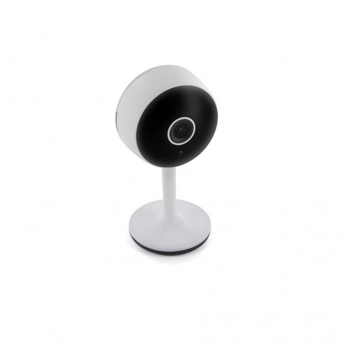 A white security camera with a black face and lens, on a white stand.