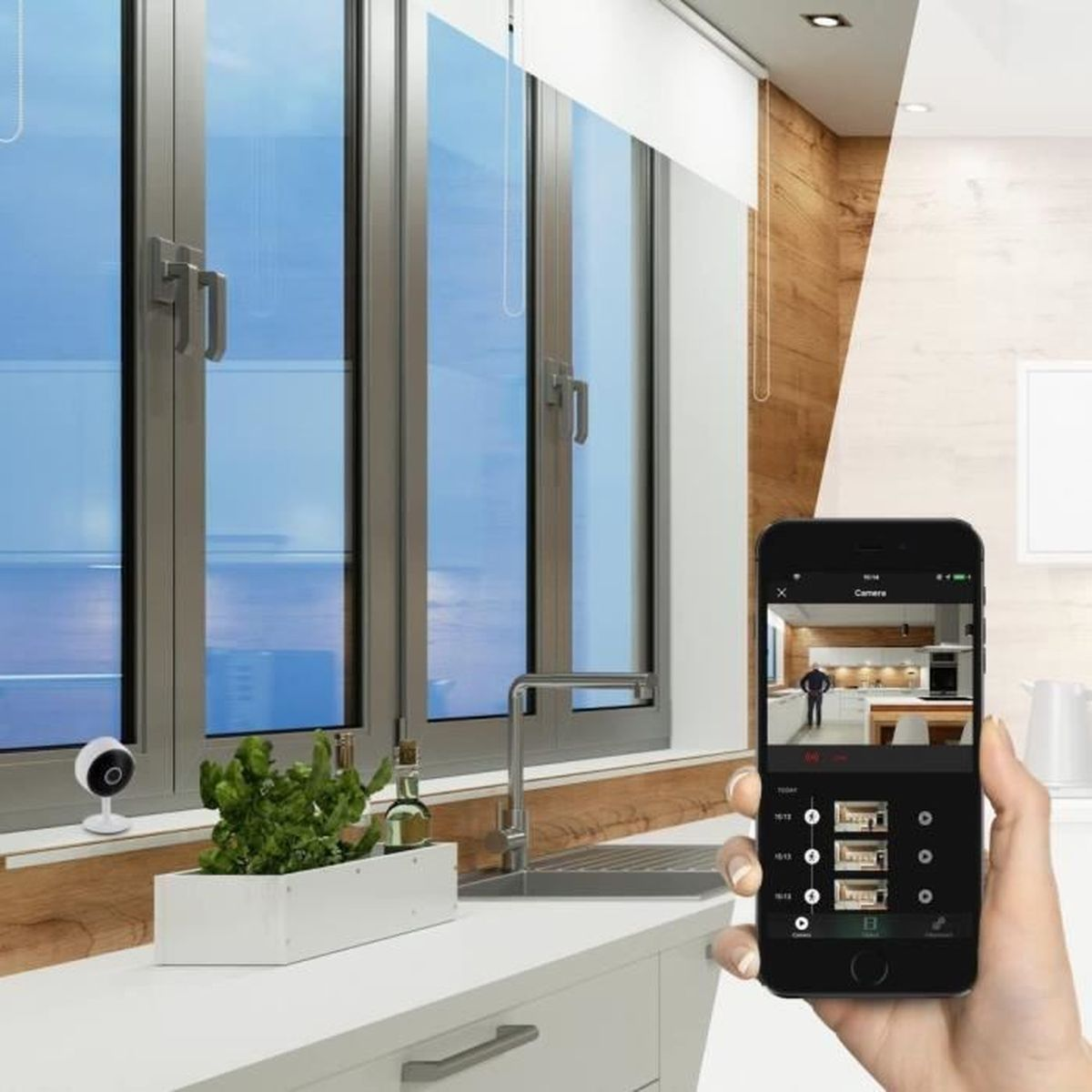 A smartphone displays kitchen monitoring via a window with a security camera and plant.
