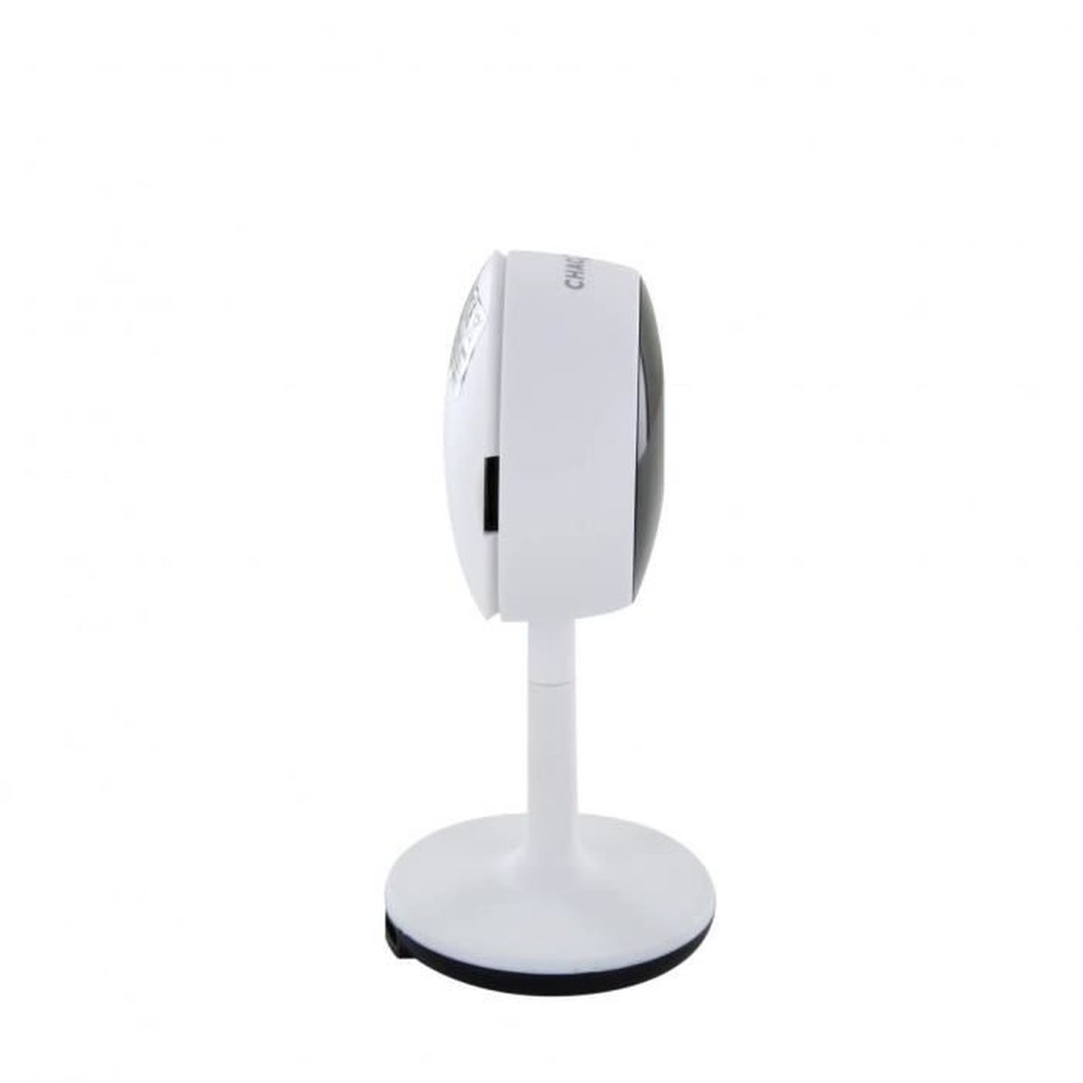 A white security camera on a round stand, side view.