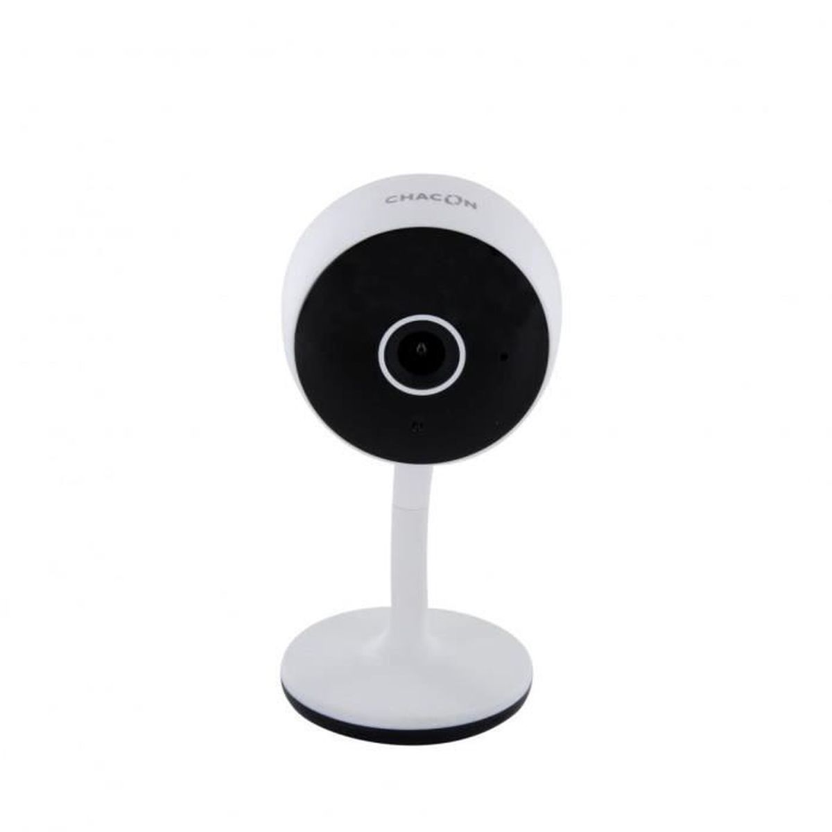 A white security camera with a black front and silver ring on a white background.