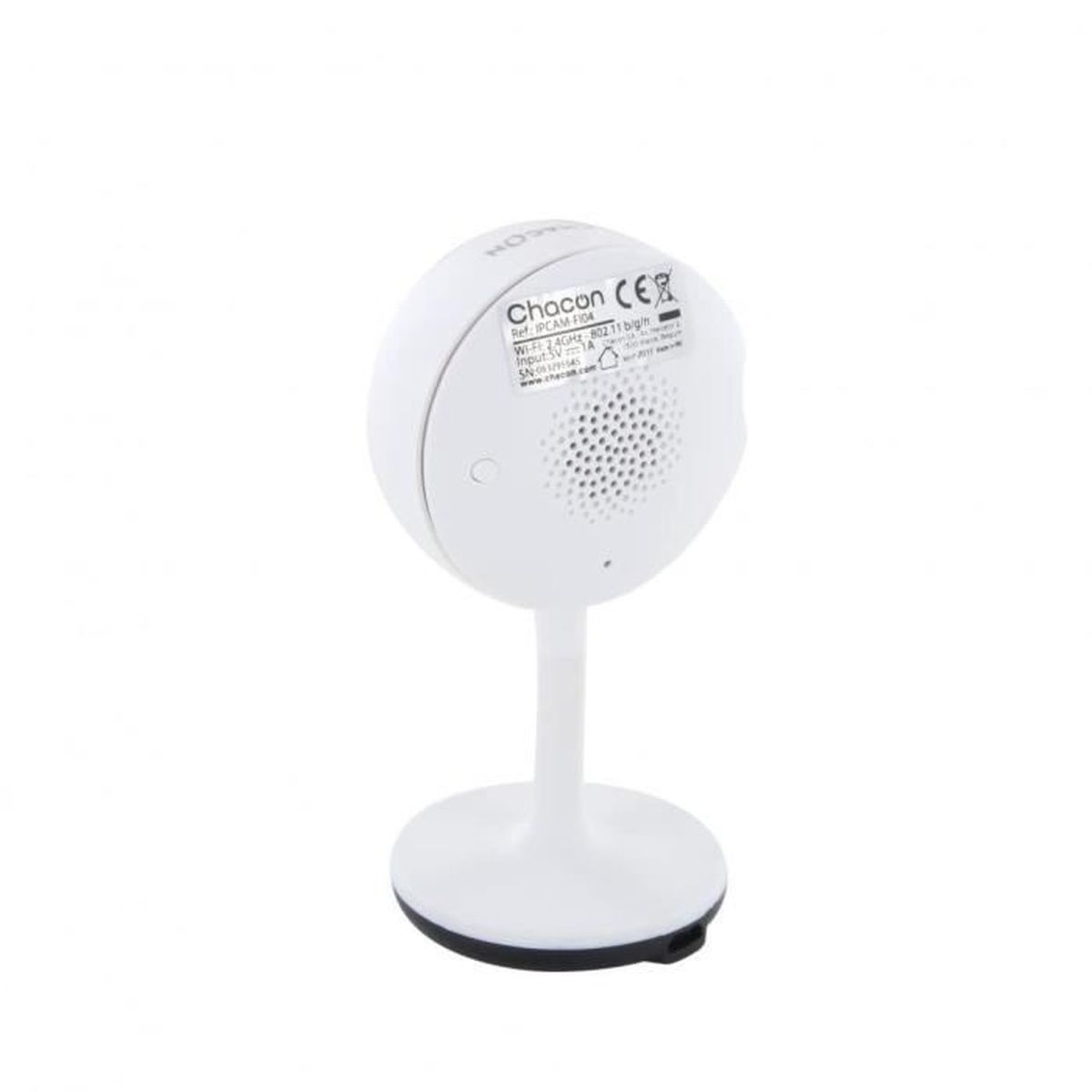 White security camera with speaker and CE mark on its base.