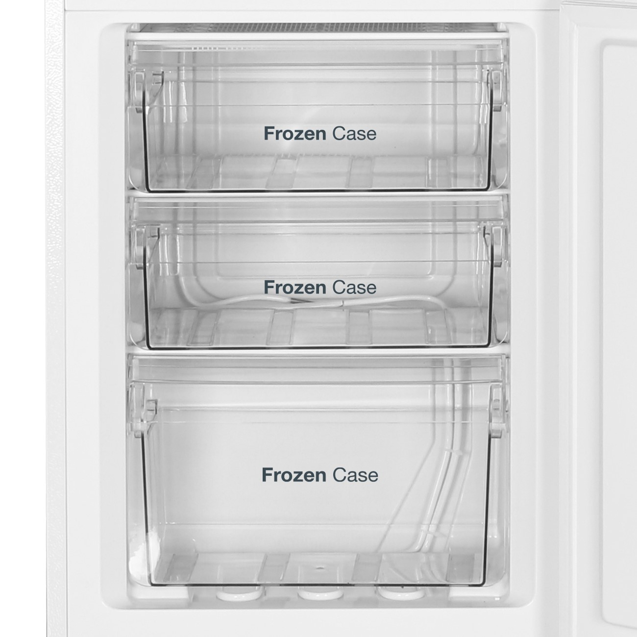 Tres cajones congeladores transparentes dentro de un refrigerador blanco, vacíos.