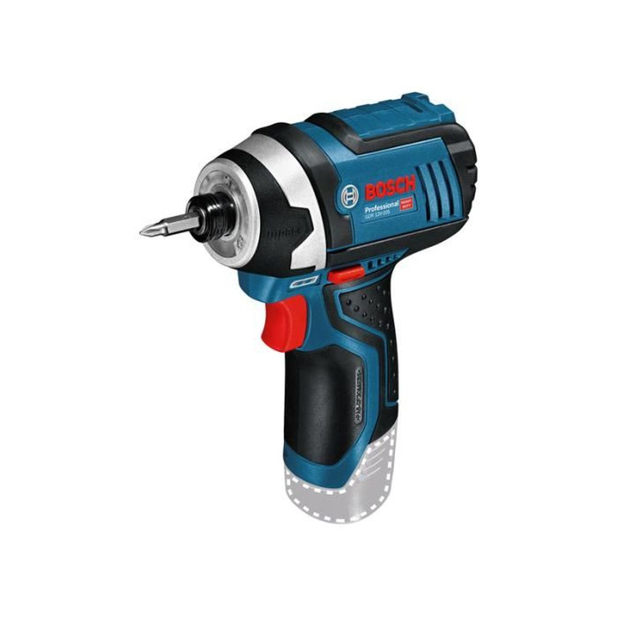 Un avvitatore a percussione Bosch blu e nero con inserto. Grilletto rosso.