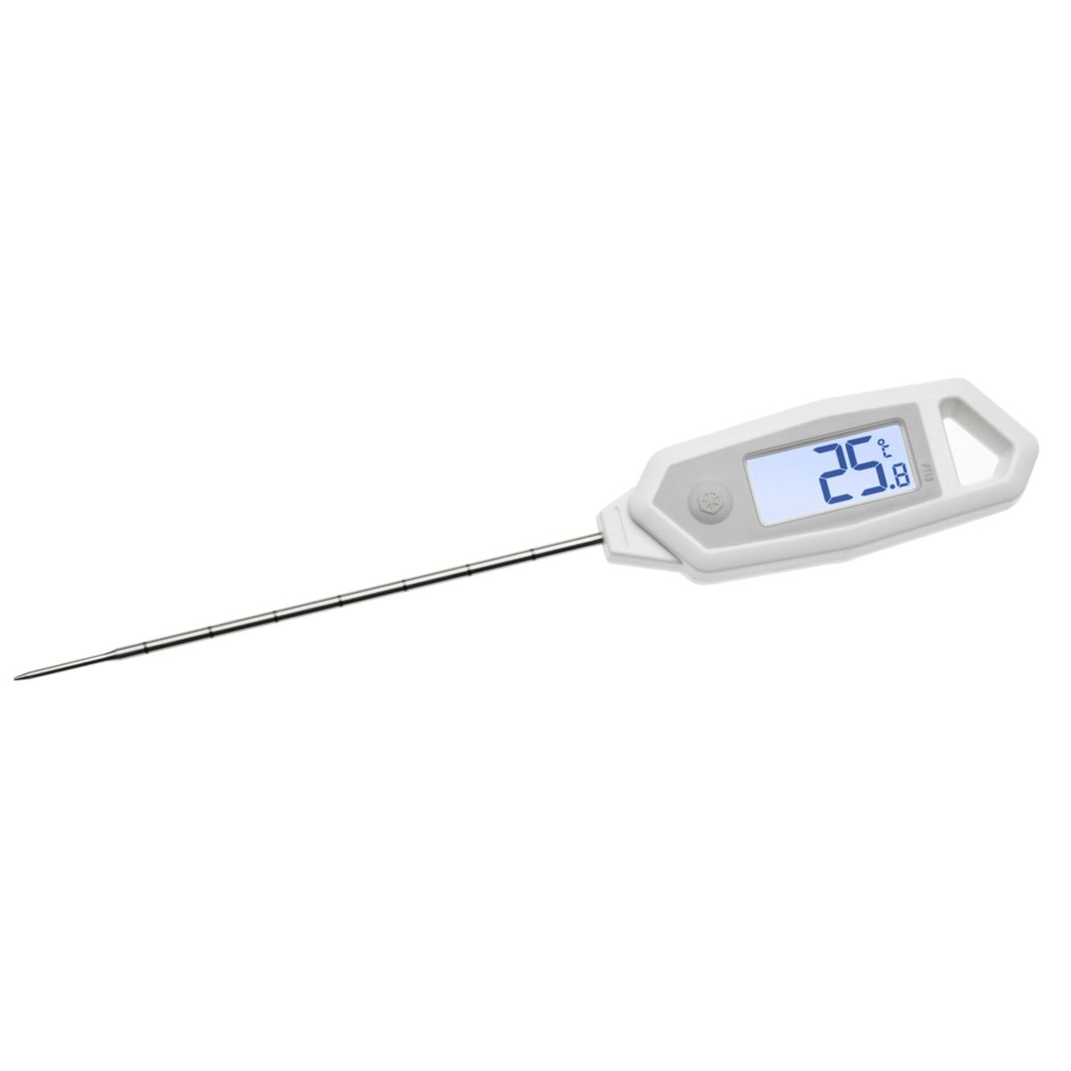 Ein weißes Digitalthermometer mit einem Metallfühler und einem LCD-Display.