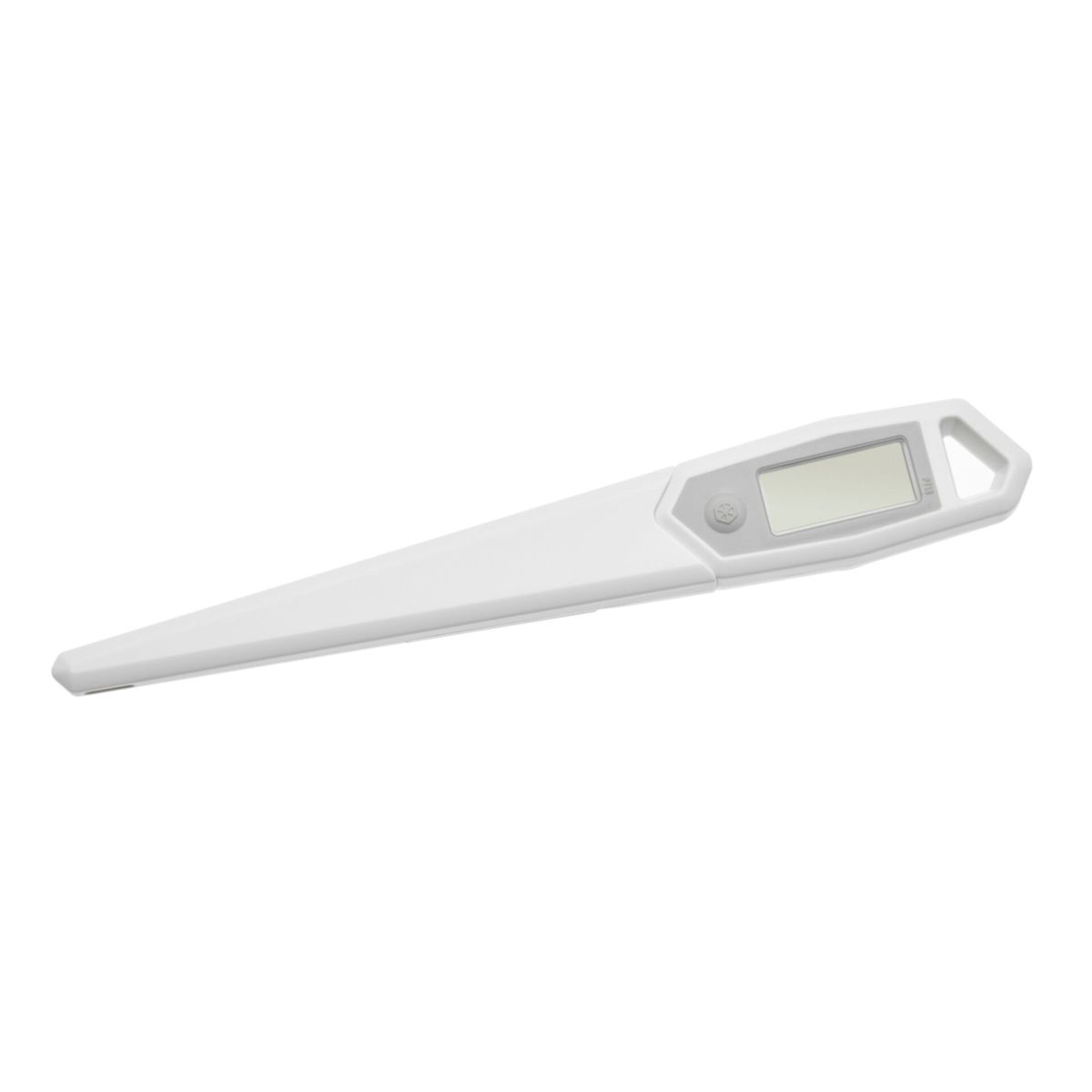Ein weißes digitales Thermometer mit LCD-Anzeige und Hängeöse liegt auf weißem Hintergrund.