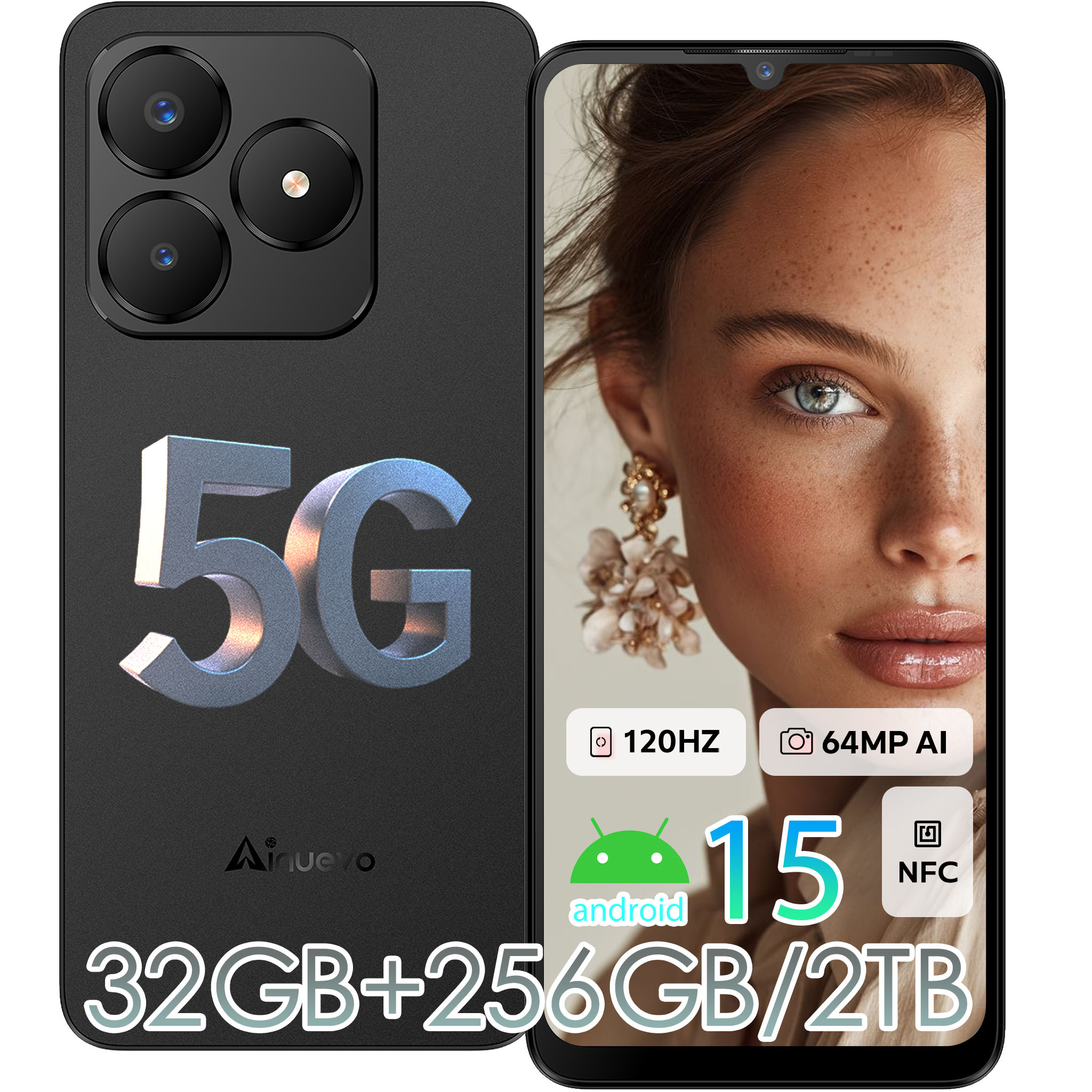 Smartphone nero con 3 fotocamere, 5G, Android 15, 120Hz, 64MP AI, NFC.