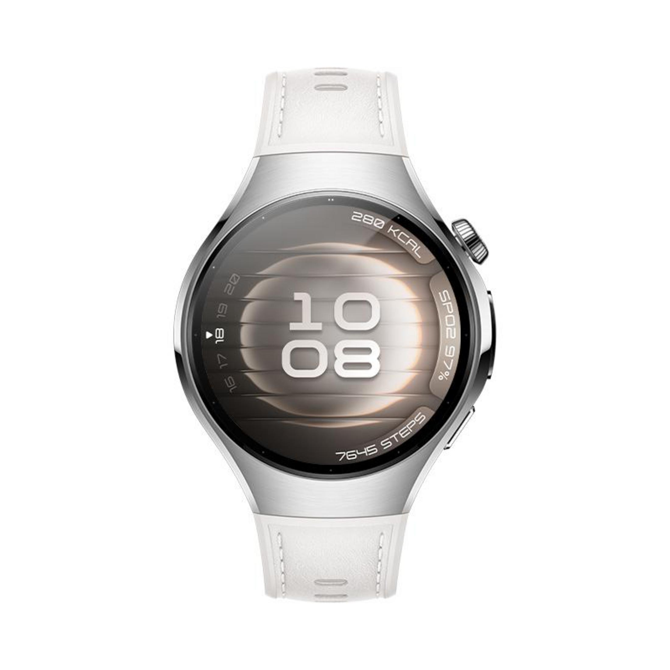 Silberne Smartwatch mit weißem Armband, zeigt 280 kcal, 10:08, SpO2 97%, 7645 Schritte.
