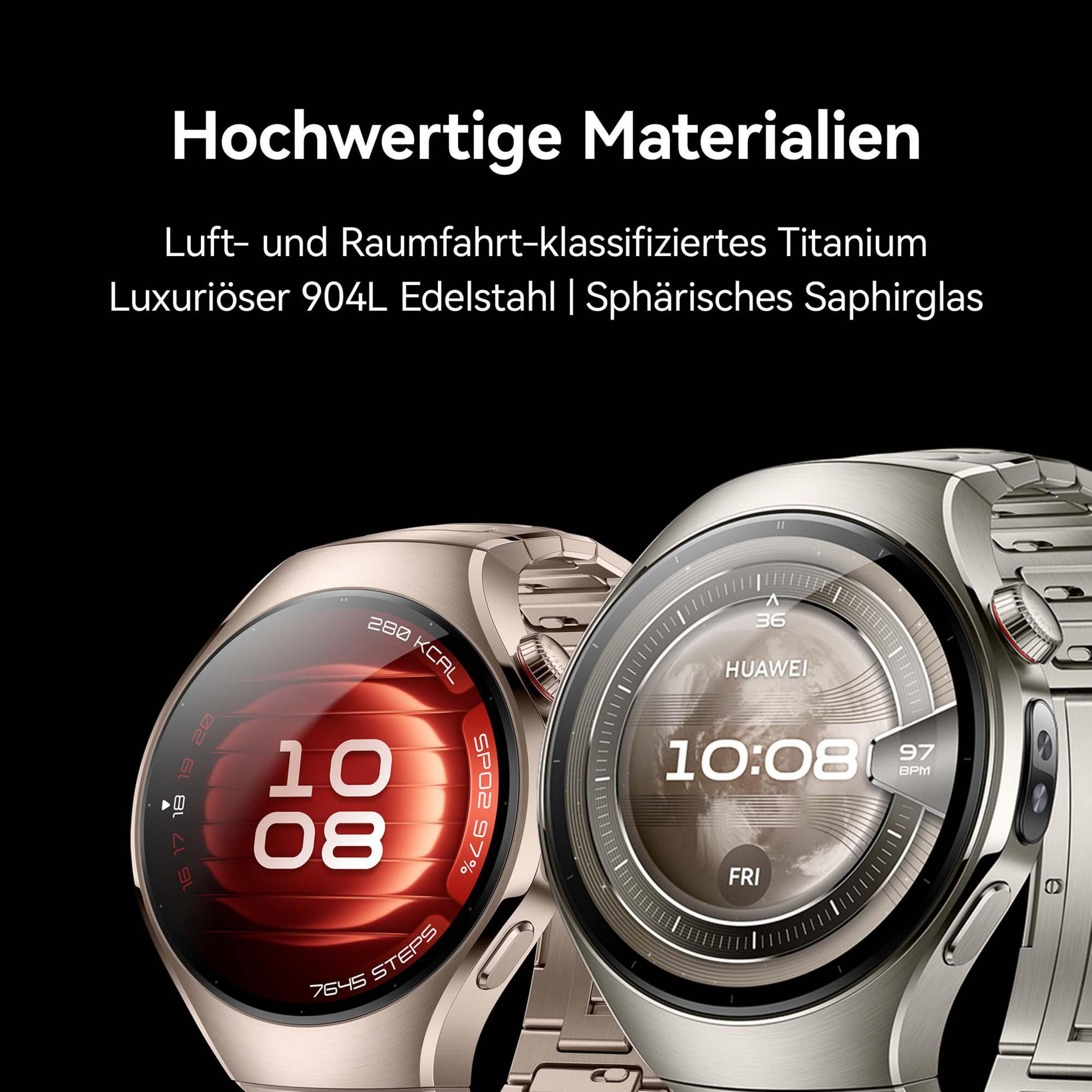 Zwei Huawei Smartwatches aus Titan und Edelstahl mit Saphirglas.