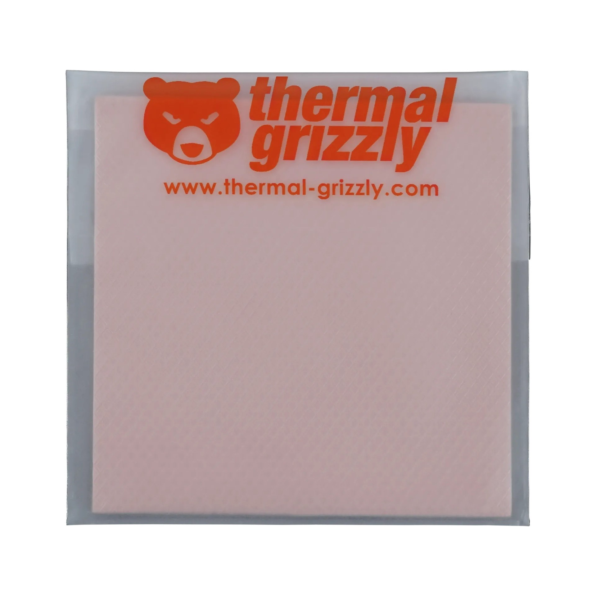 Plastik kılıfta Thermal Grizzly logosu ve web sitesi olan pembe ped.