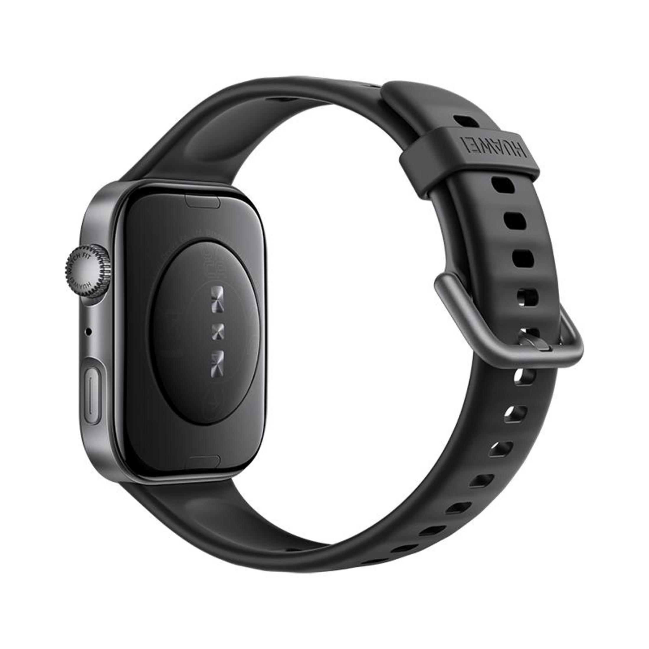 Eine schwarze Smartwatch mit gummiertem Armband, auf weißem Hintergrund.