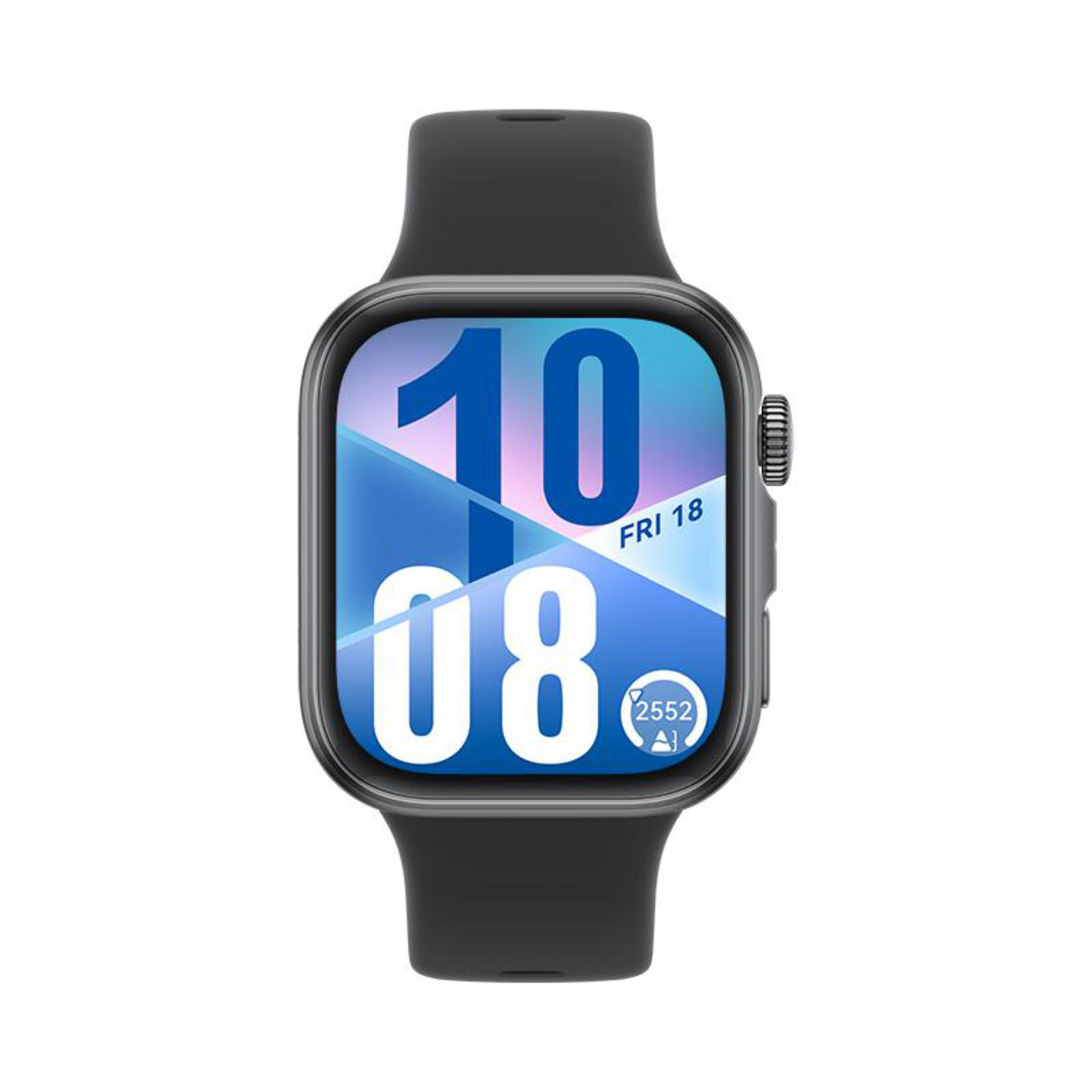 Moderne schwarze Smartwatch mit buntem Zifferblatt zeigt 10:08 Uhr.
