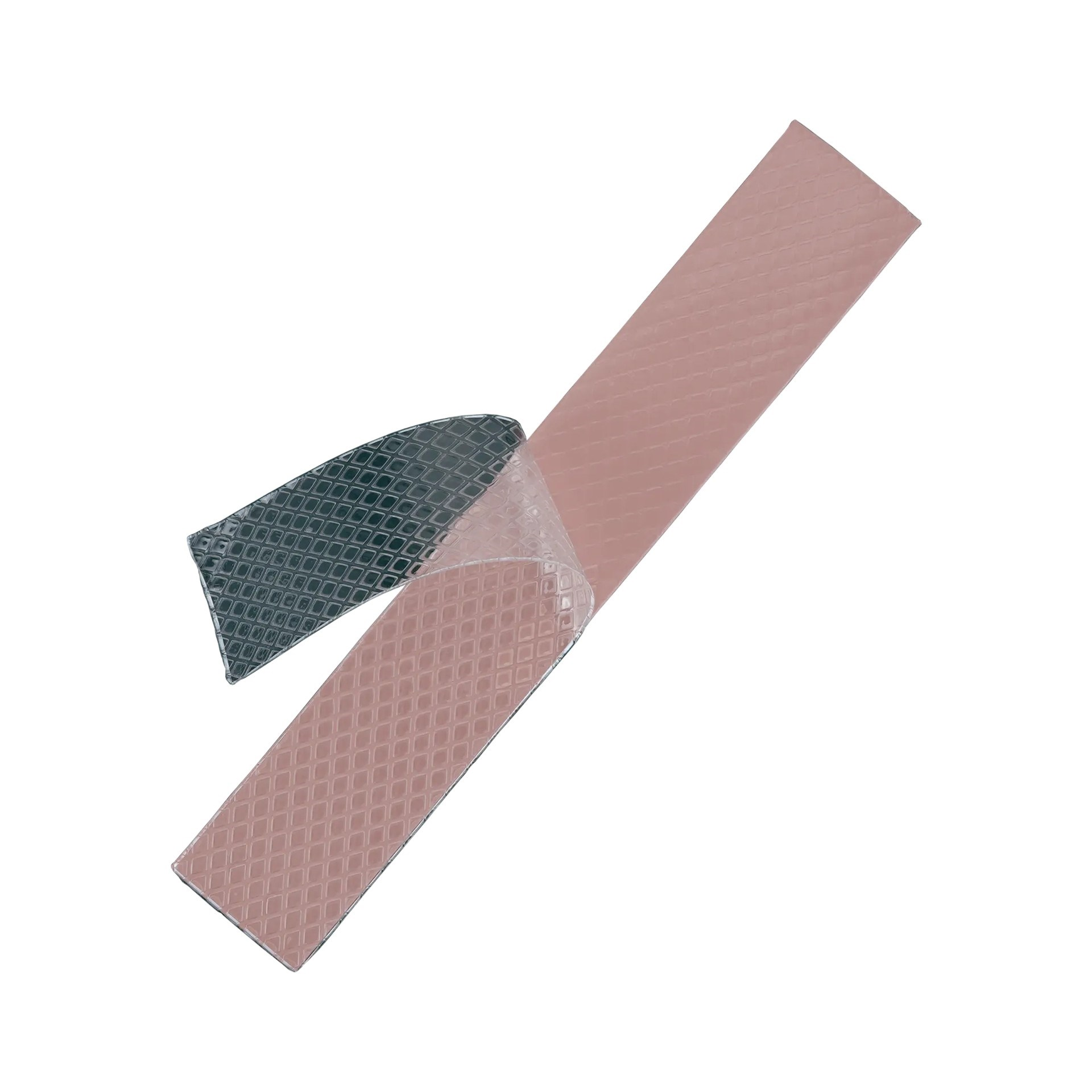 Un pad termico rosa con foglio protettivo rimovibile, accanto a un pad scuro.