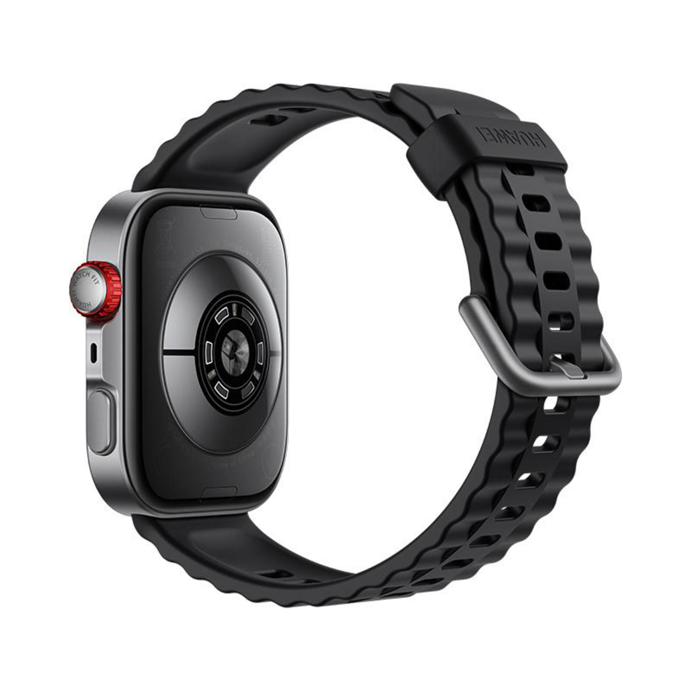 Schwarzes Smartwatch-Armband mit silbernem Gehäuse und roter Krone.