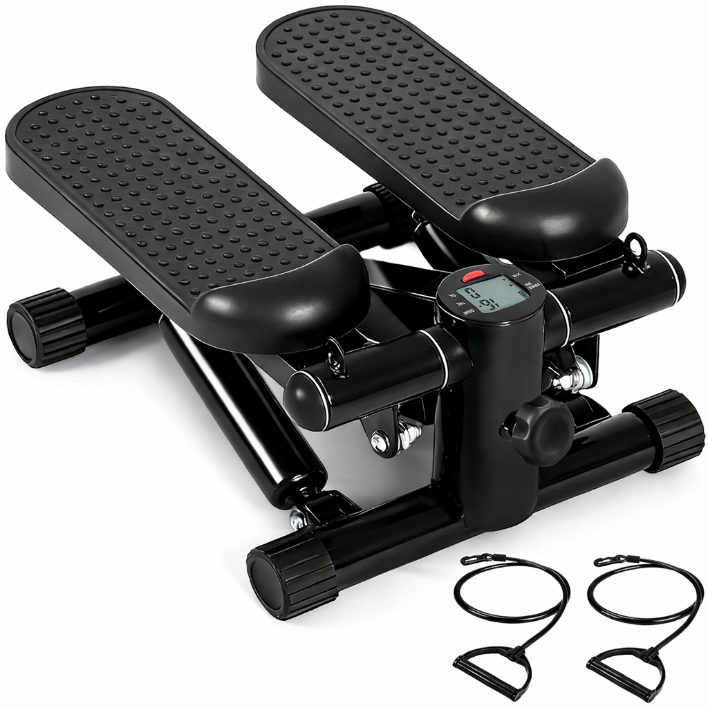 Macchina fitness stepper nera con display digitale e fasce di resistenza.