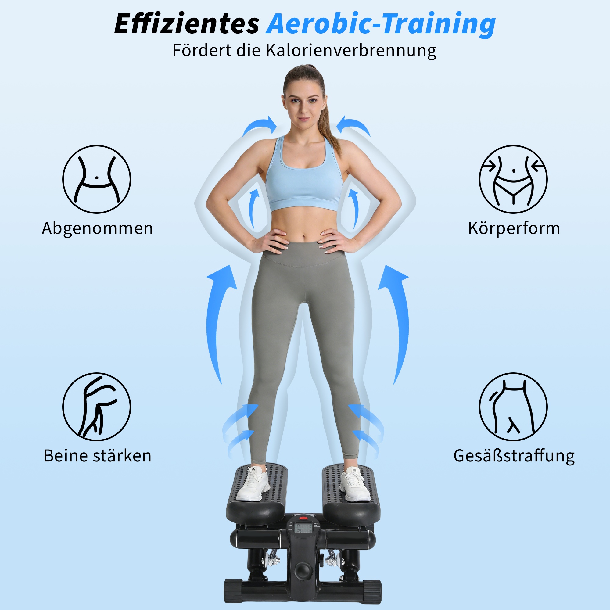 Donna su uno stepper con icone per dimagrire, forma del corpo, gambe forti.