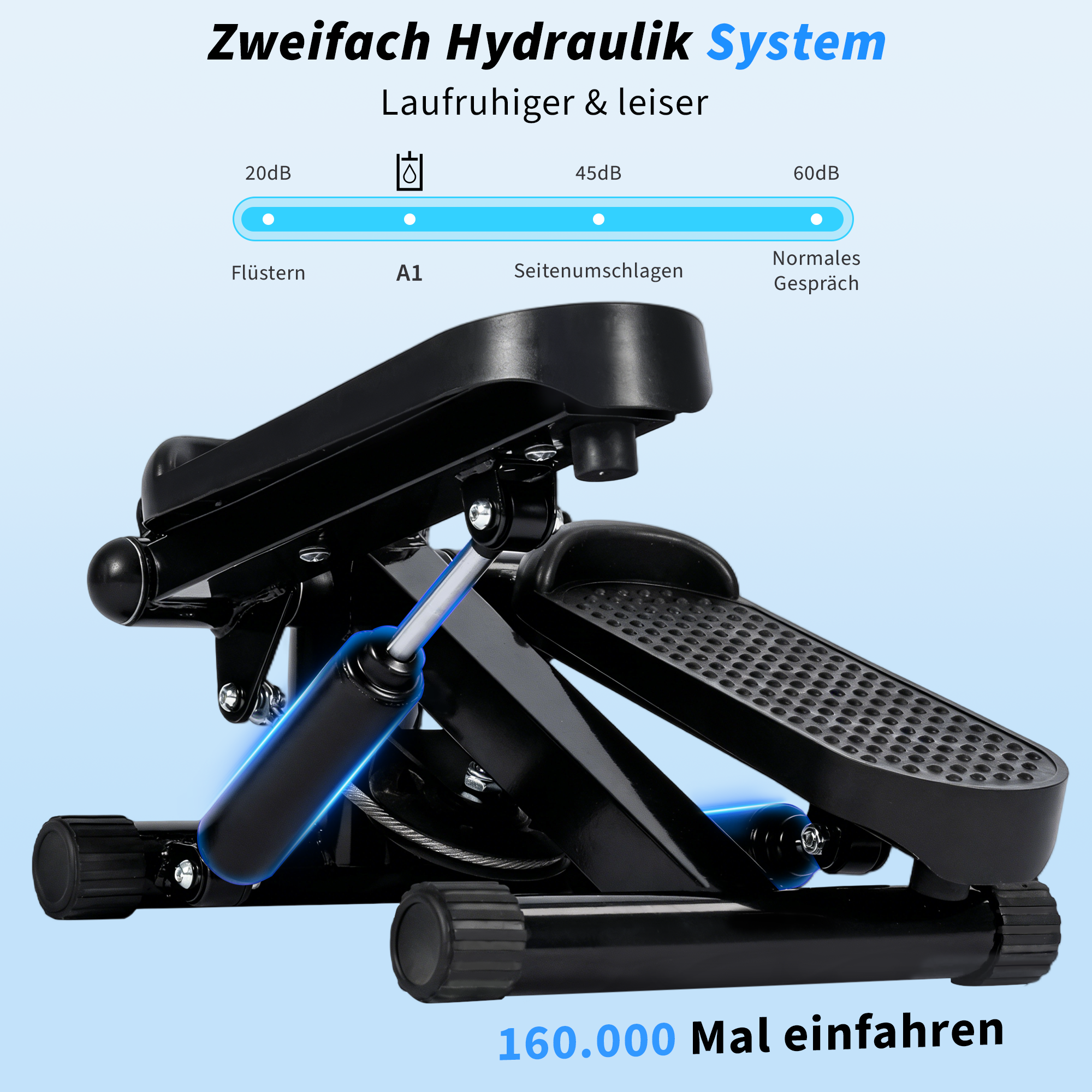 Stepper nero con sistema idraulico, silenzioso e fluido, utilizzabile 160.000 volte.