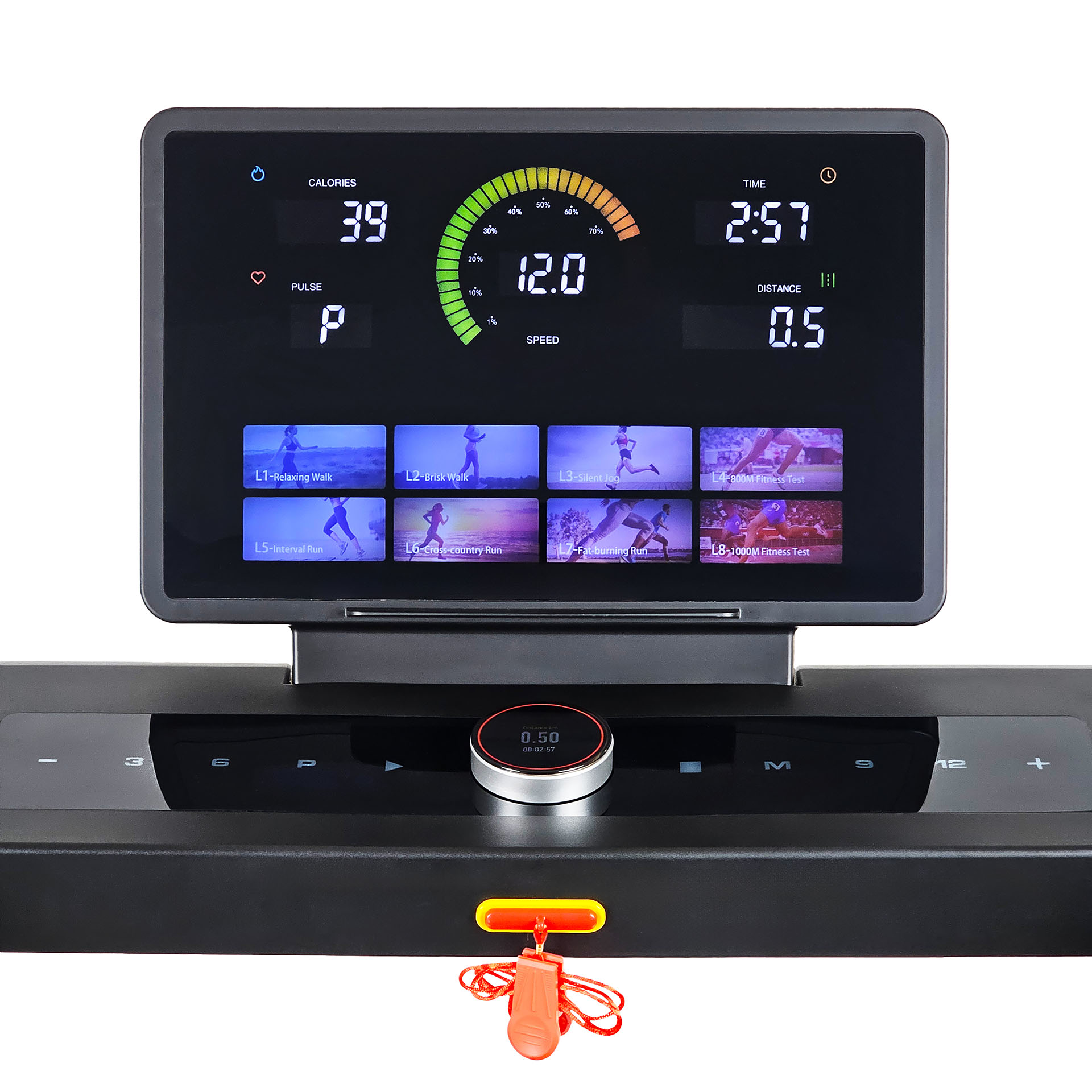 Treadmill-Display zeigt Kalorien, Puls, Geschwindigkeit, Zeit, Distanz und Trainingsprogramme.