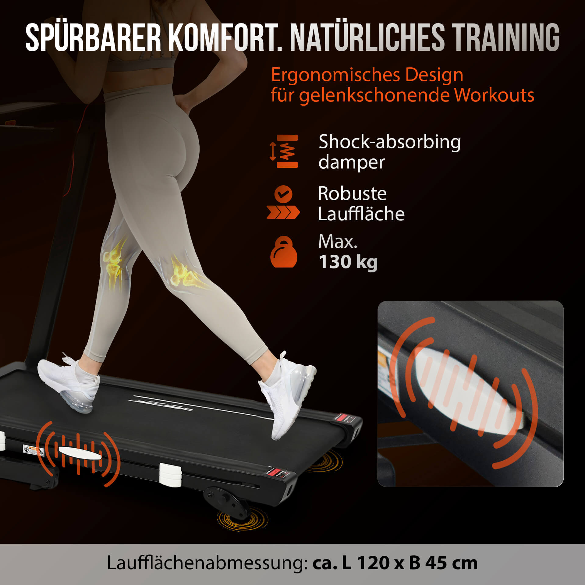 Frau läuft auf Laufband mit Dämpfungssystem und max. 130kg.