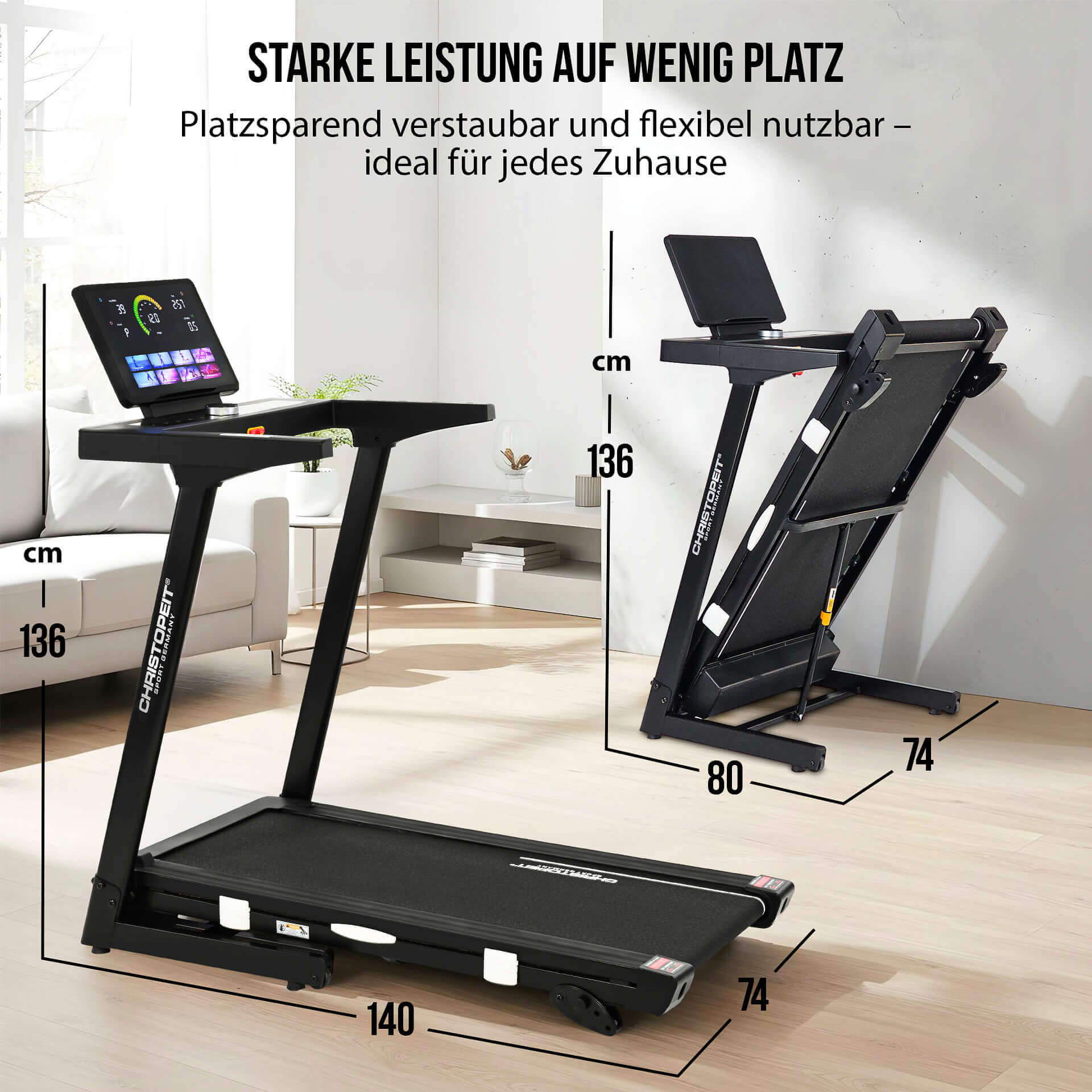 Schwarzer, zusammenklappbarer Laufband mit Bildschirm und Maßen.