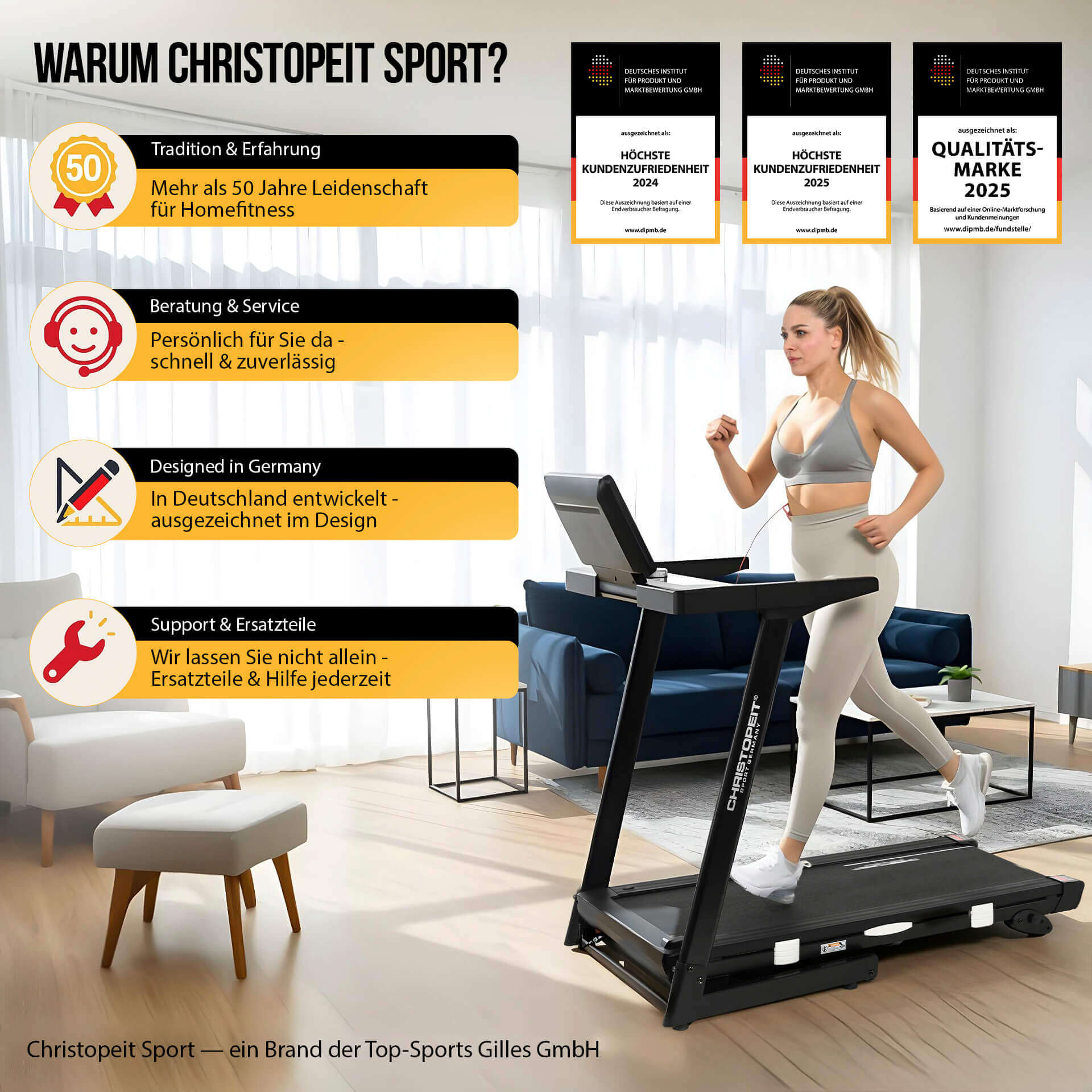Frau auf Laufband in einem Wohnzimmer, mit Text über Christopeit Sport.