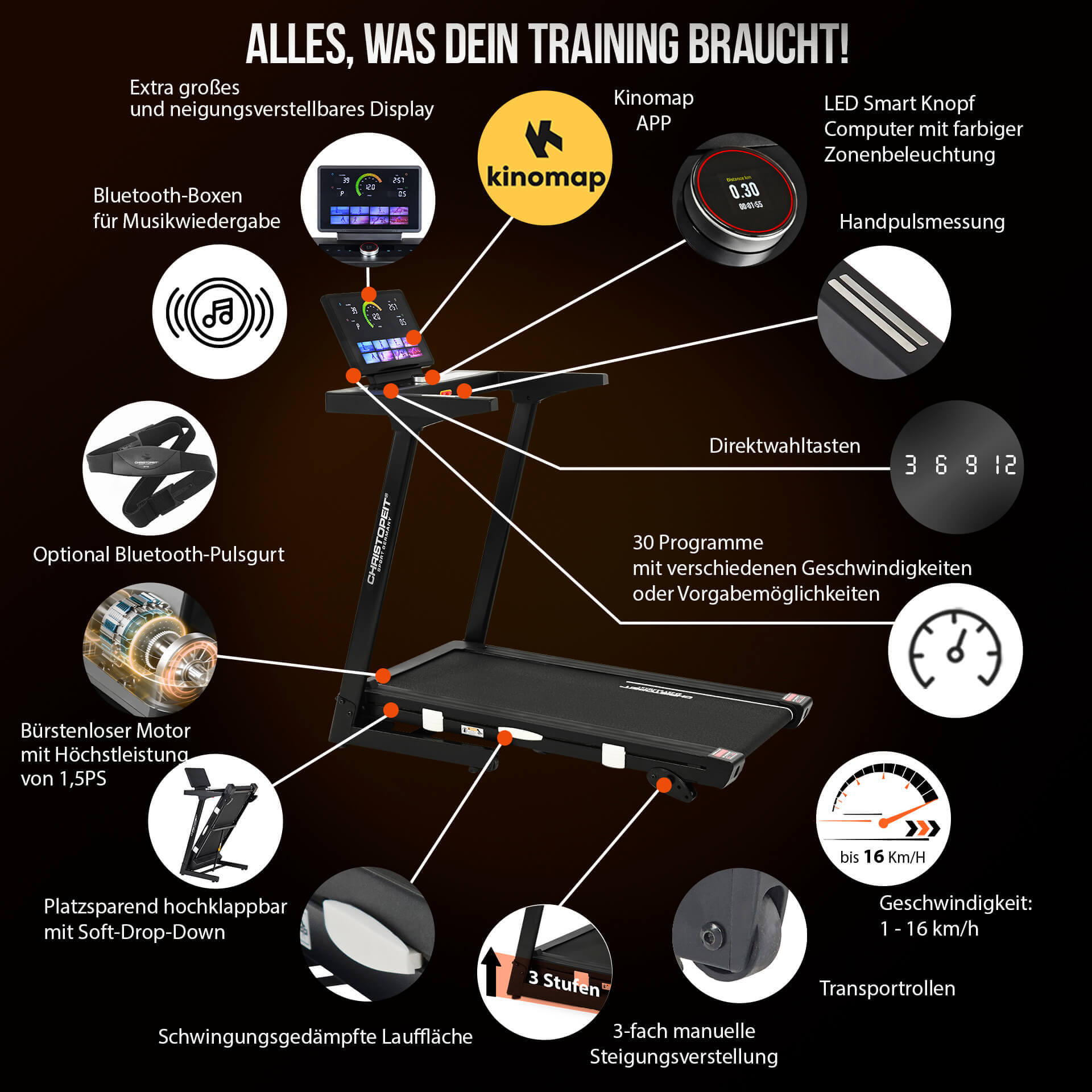 Laufband mit großem Display, Kinomap, Bluetooth, Motor und Klappfunktion.