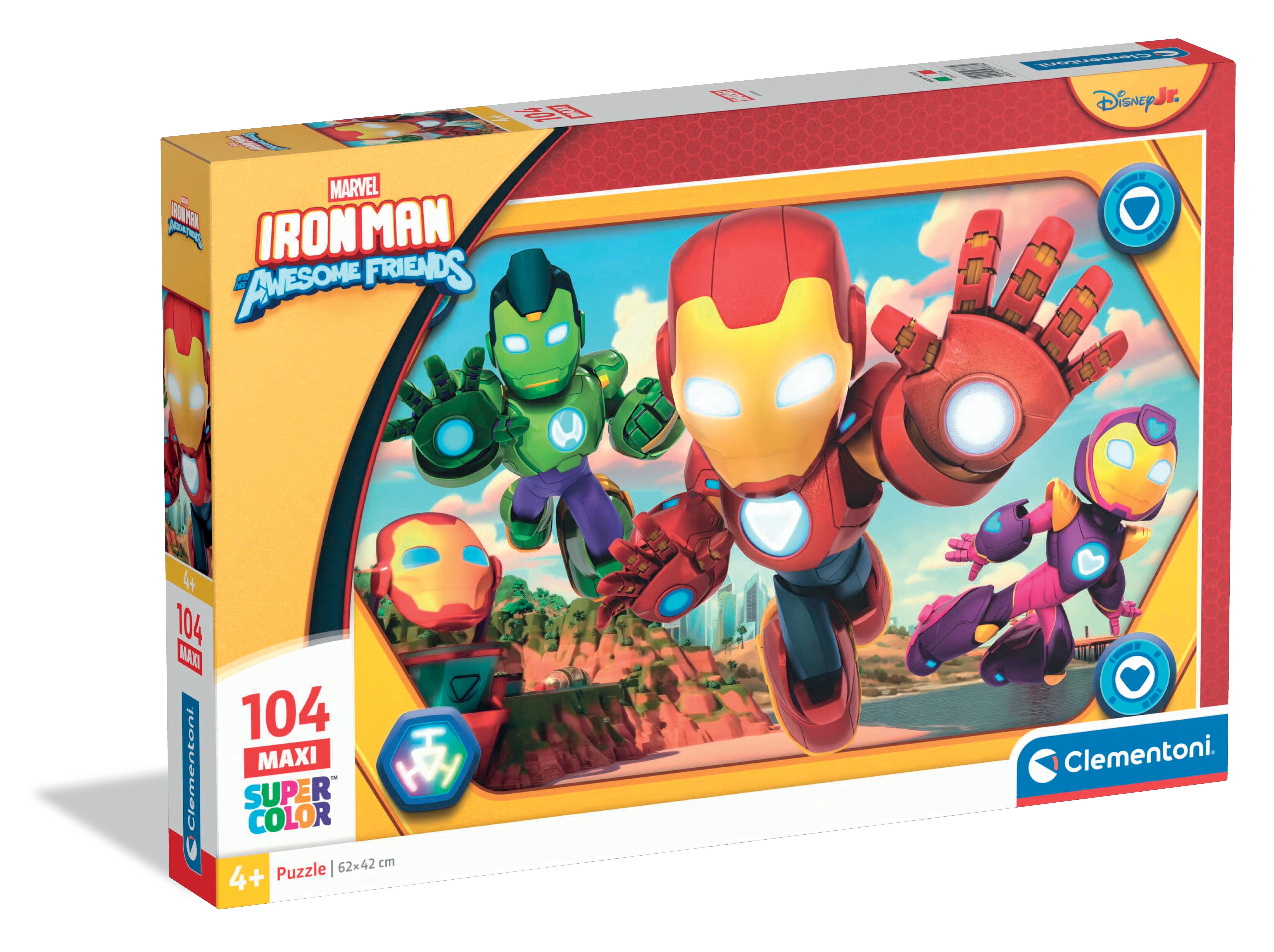 Caja de un puzzle Marvel Iron Man de 104 piezas con personajes de dibujos animados.