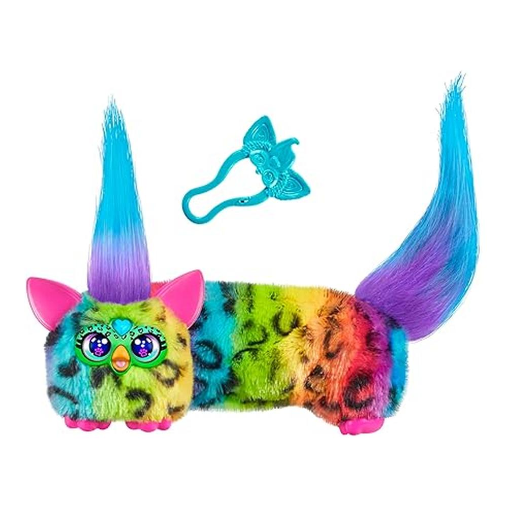 Ein buntes, pelziges Spielzeug mit Leopardenmuster und blauen Haaren.