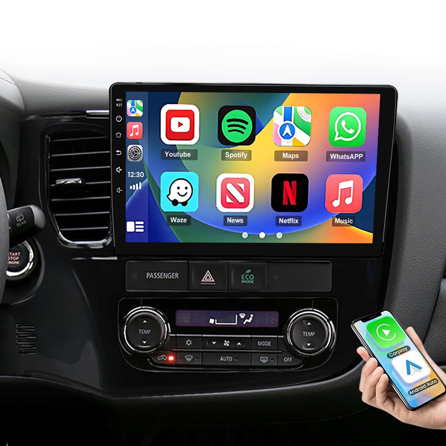 Auto-Infotainment-Bildschirm mit App-Icons und einem Telefon, das CarPlay/Android Auto zeigt.