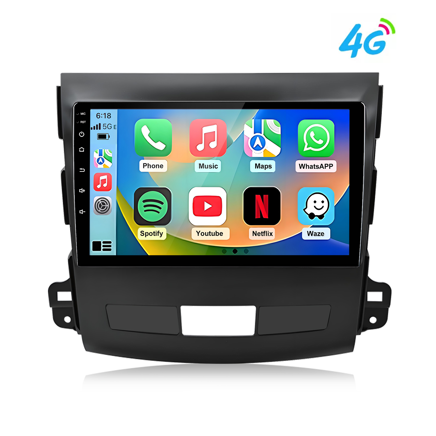 Ein Autoradio-Bildschirm zeigt Apps wie Telefon, Musik, Karten, WhatsApp, Spotify, YouTube, Netflix und Waze.