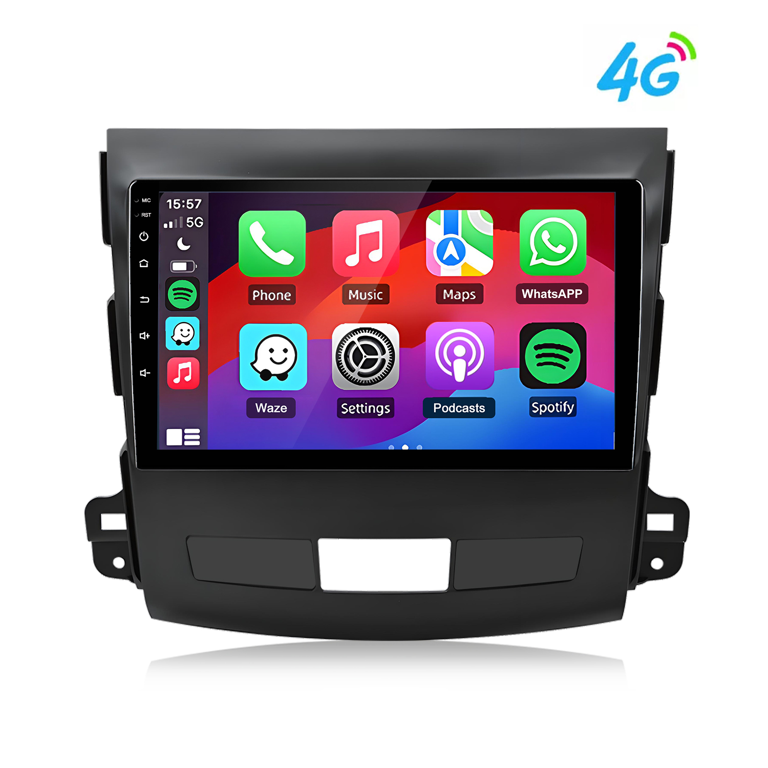 Ein schwarzer Touchscreen-Infotainment-Bildschirm mit App-Symbolen und 4G-Logo.