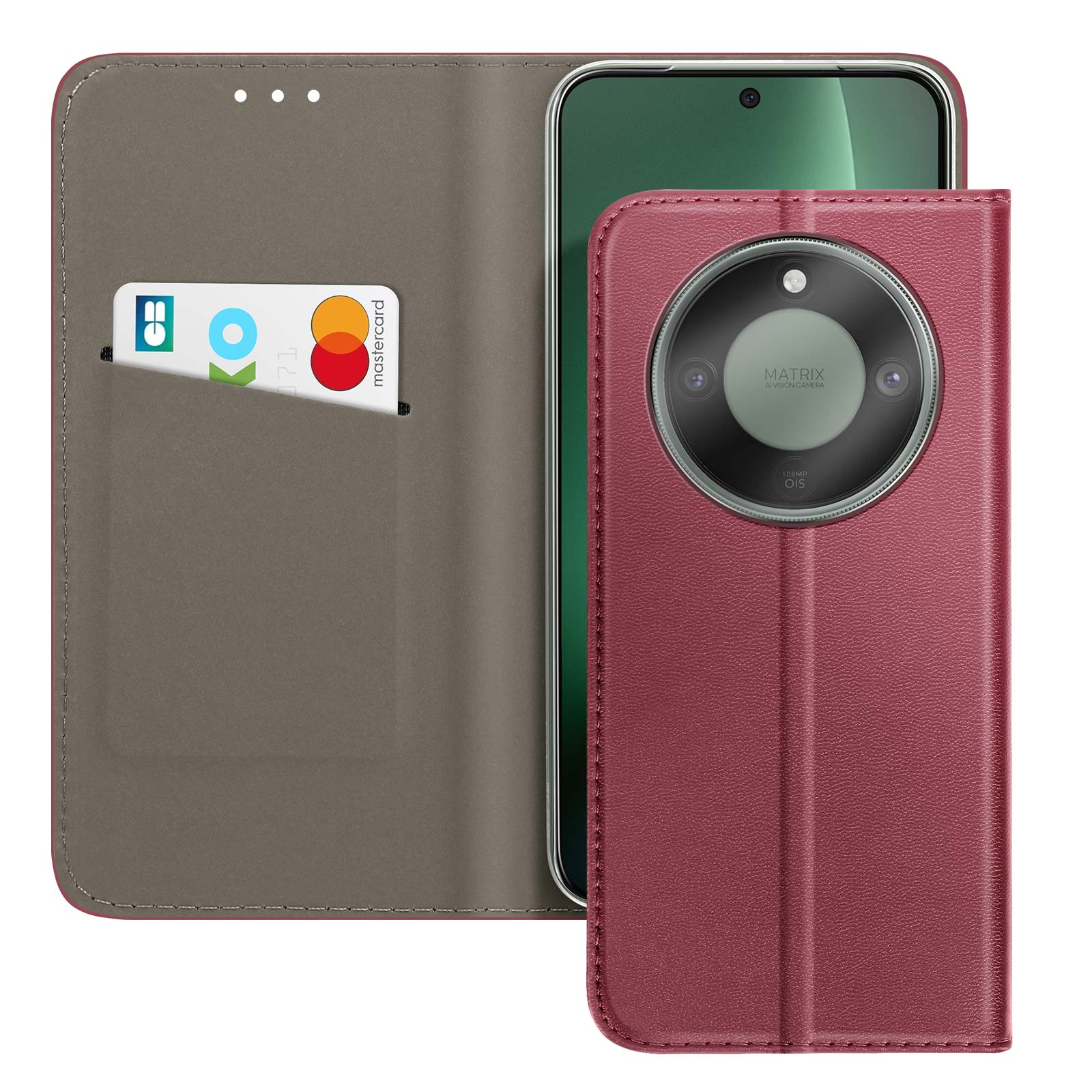 Ein rotes Handy mit einer Brieftaschenhülle und einer Karte.