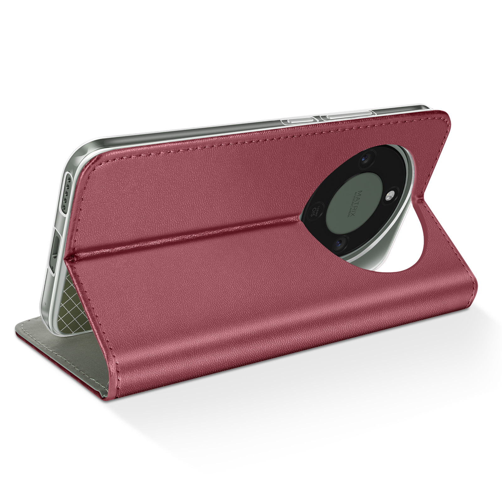 Rotes Handy-Flipcase mit integriertem Smartphone, Kameralinse sichtbar.