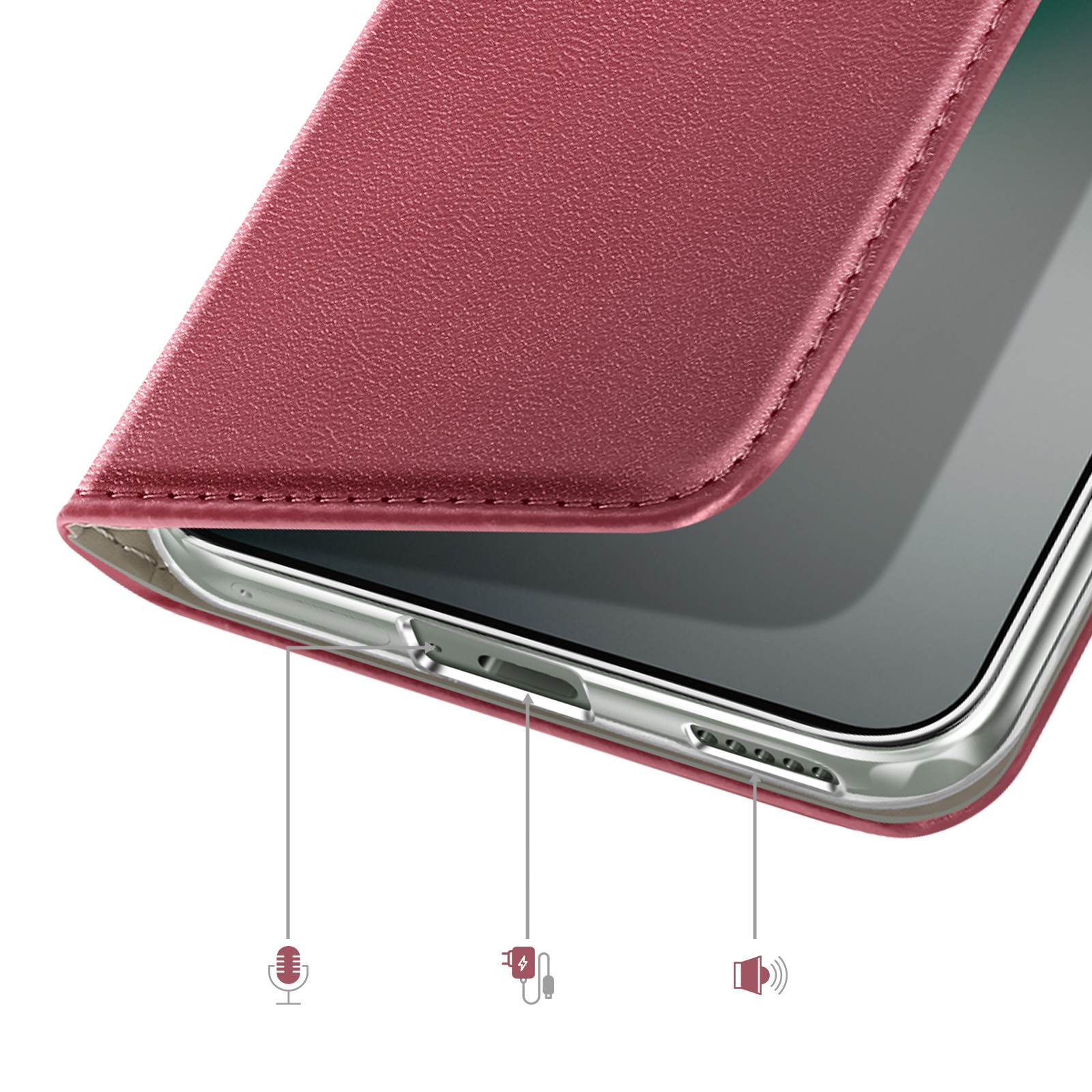 Rotes Handycover mit Ausschnitten für Anschlüsse und Lautsprecher.