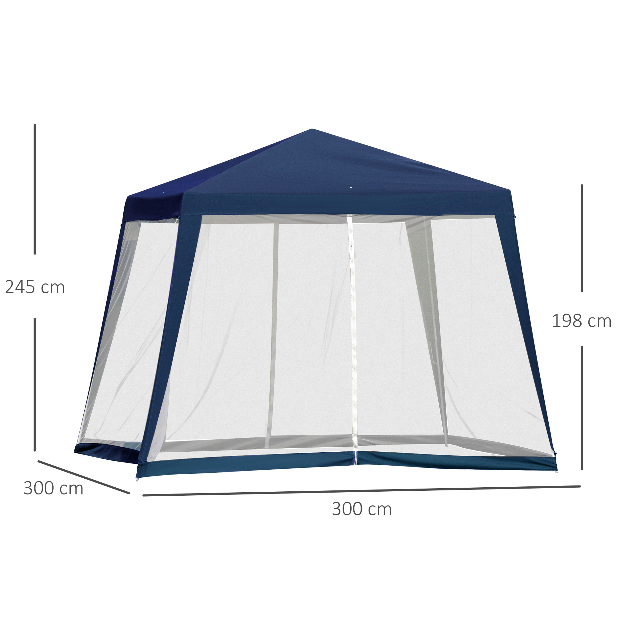 Un gazebo azul oscuro con paredes de mosquitero, 300x300cm de base.