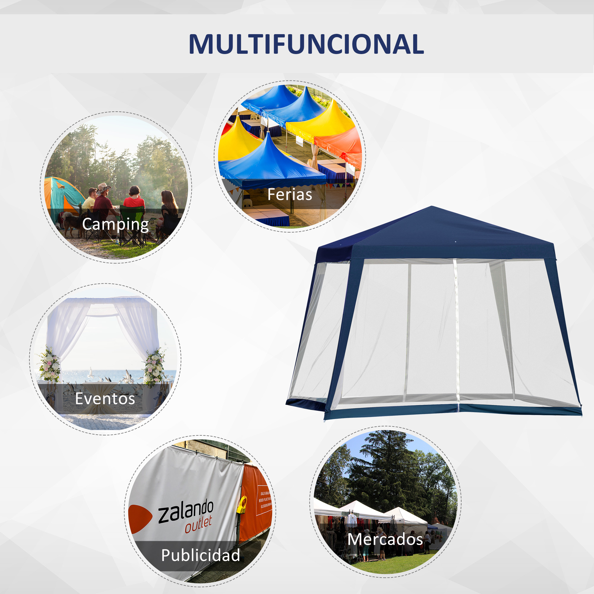 Un collage que muestra diferentes usos para carpas: camping, mercados, eventos y publicidad.