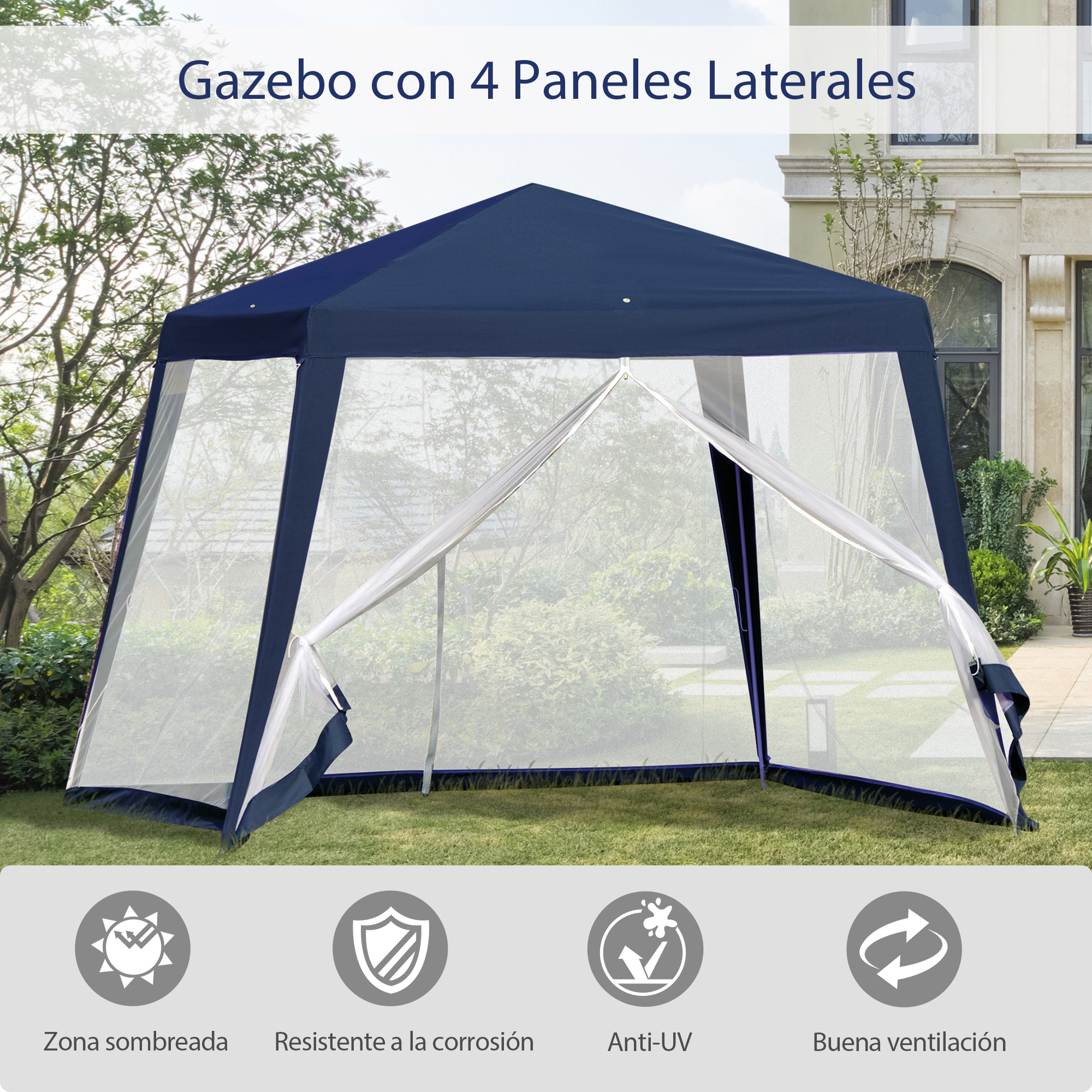 Un gazebo azul oscuro con 4 paneles laterales de malla, sobre césped verde.