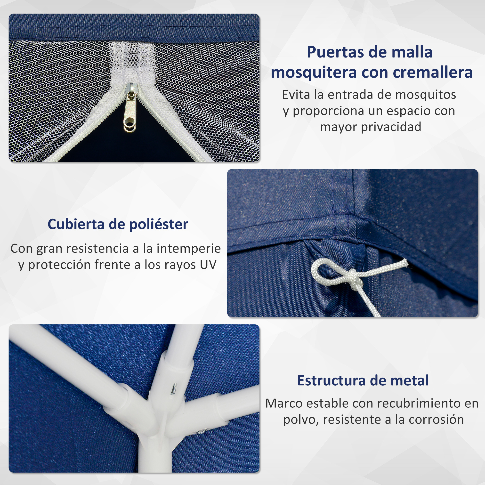 Detalles de una tienda azul: cremallera, cubierta de poliéster, estructura metálica.