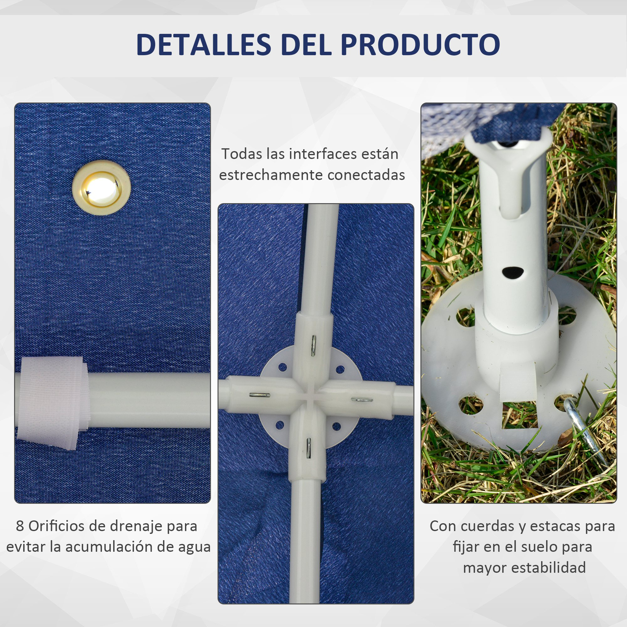 Vista de detalle del producto: ojal, conector, estaca con cuerda para estabilidad.