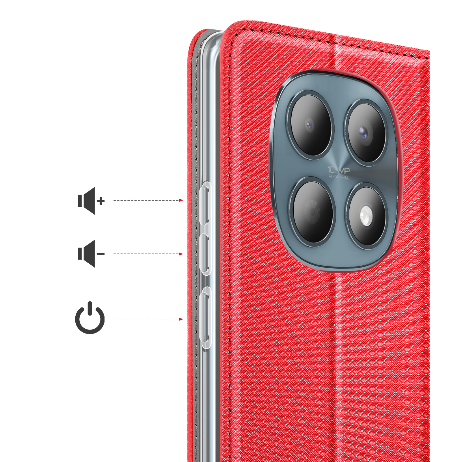 Rotes Handy mit vier Kameras und Bedienelementen an der Seite.